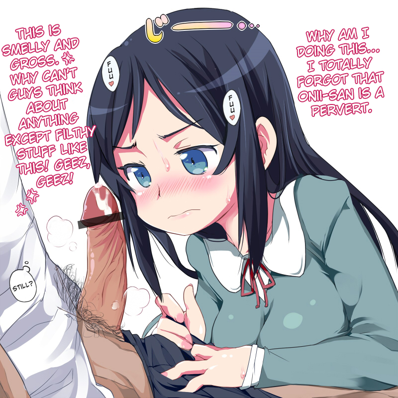 1boy aragaki_ayase black_hair blue_eyes blush censored cum erection fellatio female hard_translated kousaka_kyousuke oral ore_no_imouto_ga_konna_ni_kawaii_wake_ga_nai penis penis_awe precum pubic_hair sasago_kaze school_uniform staring_at_erection staring_at_penis translated