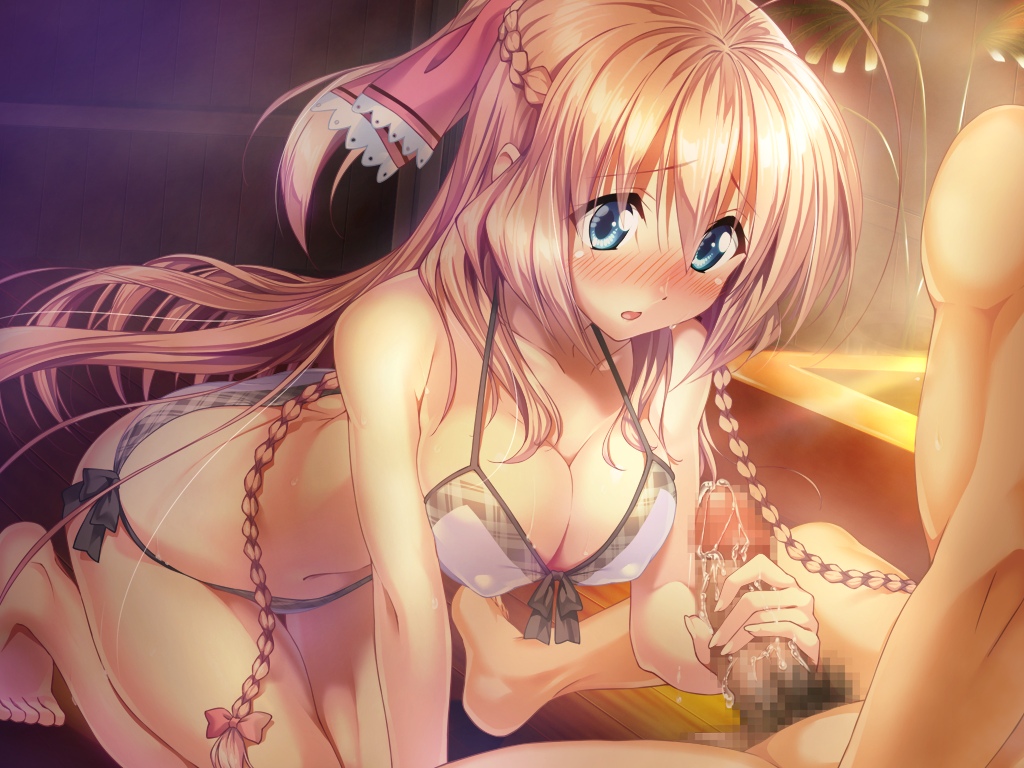 aozora_stripe barefoot blonde_hair blue_eyes blush braid breasts censored collarbone female game_cg hair_ribbon large_breasts long_hair navel nipples penis piromizu ribbon sawatari_kotone twin_braids