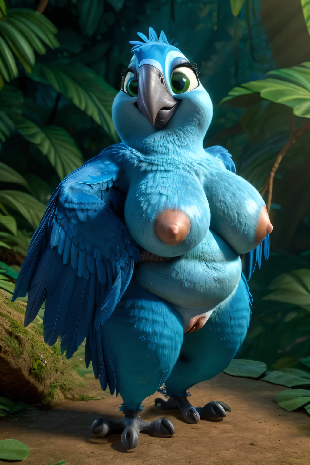 20th_century_fox 20th_century_studios ai_generated anthro avian big_breasts bird blue_feathers blue_sky_studios carla_(rio) chubby chubby_female epstar14 female female_only green_eyes jungle jungle_background looking_at_viewer macaw pussy rio_(film) rio_(series) rio_2 smiling talons winged_arms