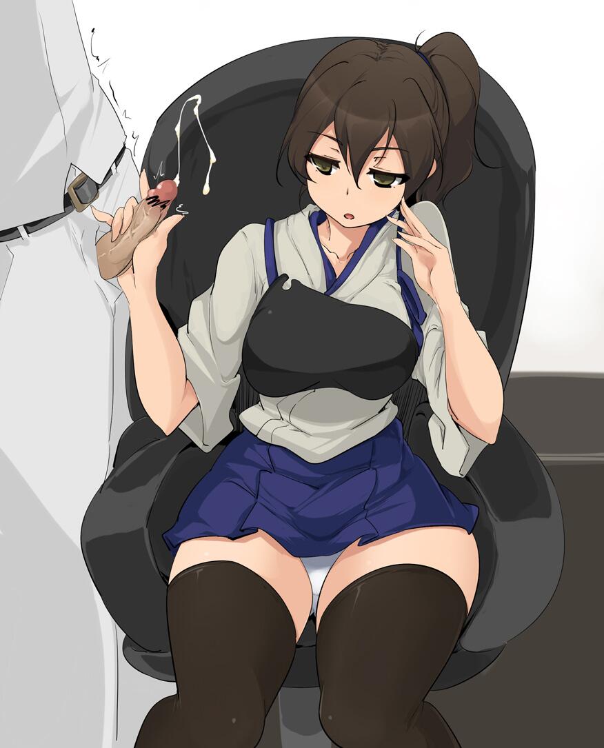 admiral_(kantai_collection) blush brown_eyes brown_hair censored cum ejaculation female hakama_skirt handjob japanese_clothes kaga_(kantai_collection) kantai_collection long_hair momio muneate open_mouth panties penis personification ponytail side_ponytail sitting tied_hair underwear white_panties