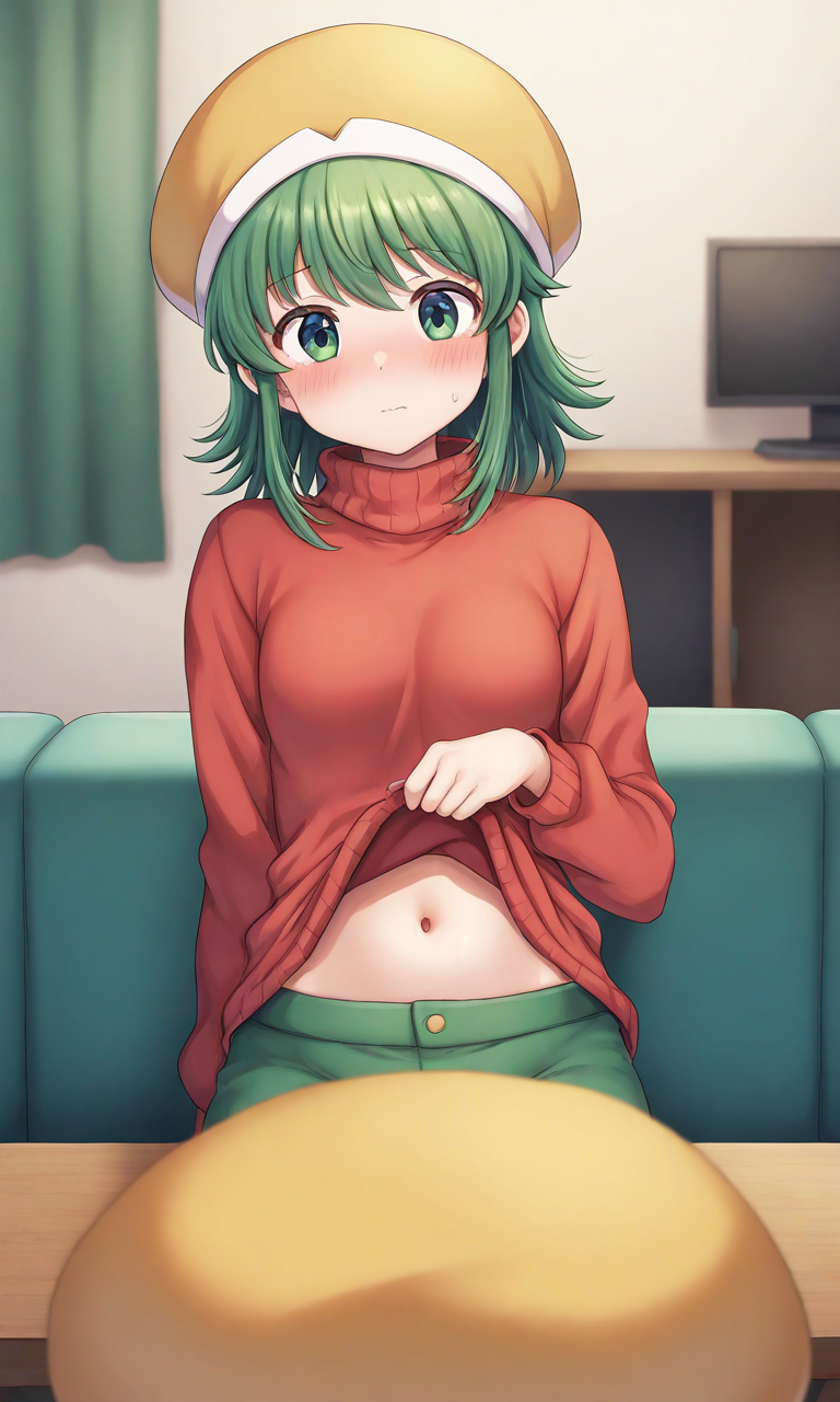 ai_generated blush green_eyes green_hair hunter_x_hunter ponzu shirt_lift stomach