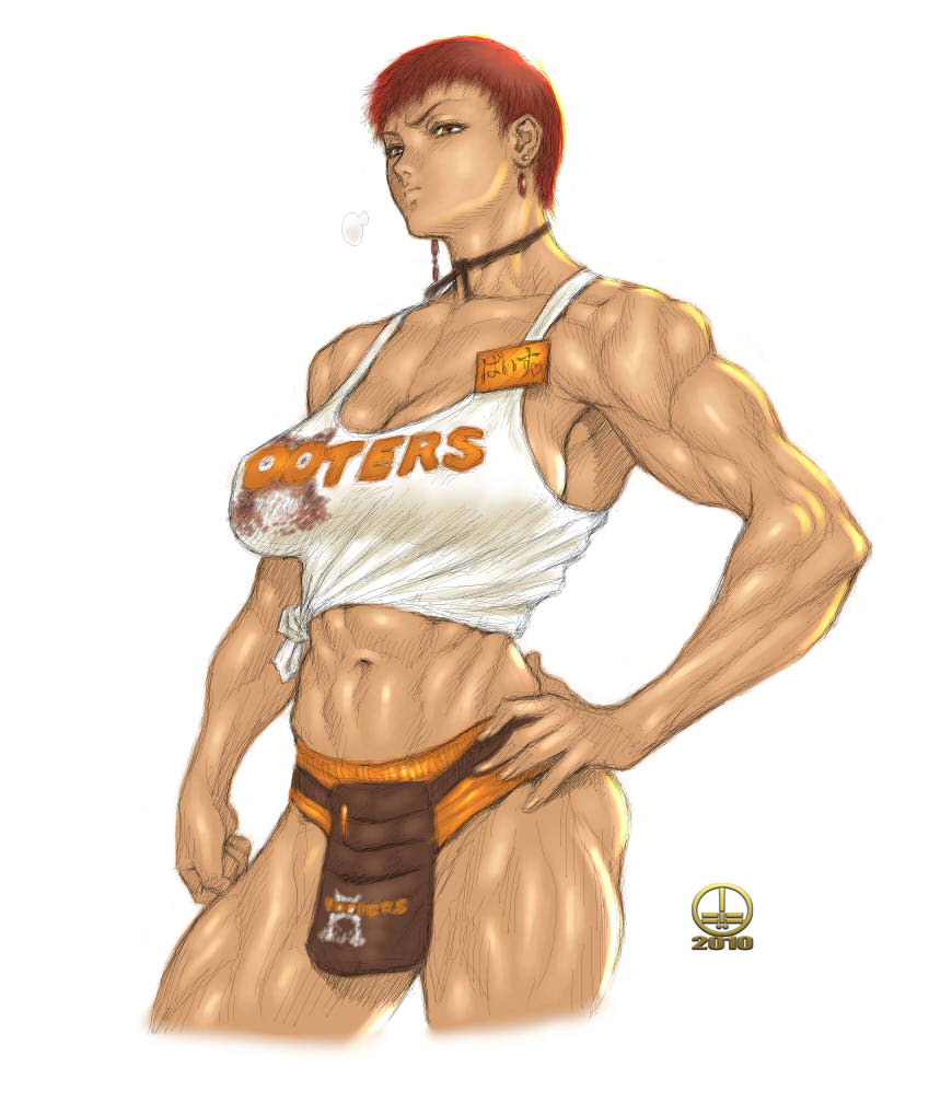 2010 abs belt_pouch breasts brown_eyes choker cleavage crop_top cropped_legs dairoku_tenma earrings employee_uniform extreme_muscles female female_only hand_on_hip hooters human jewelry king_of_fighters large_breasts midriff muscle muscular muscular_female name_tag navel nose red_hair ribbon_choker shiny shiny_skin short_hair short_shorts shorts sideboob snk solo tan tank_top thick_thighs thighs tied_shirt uniform vice_(kof) waitress