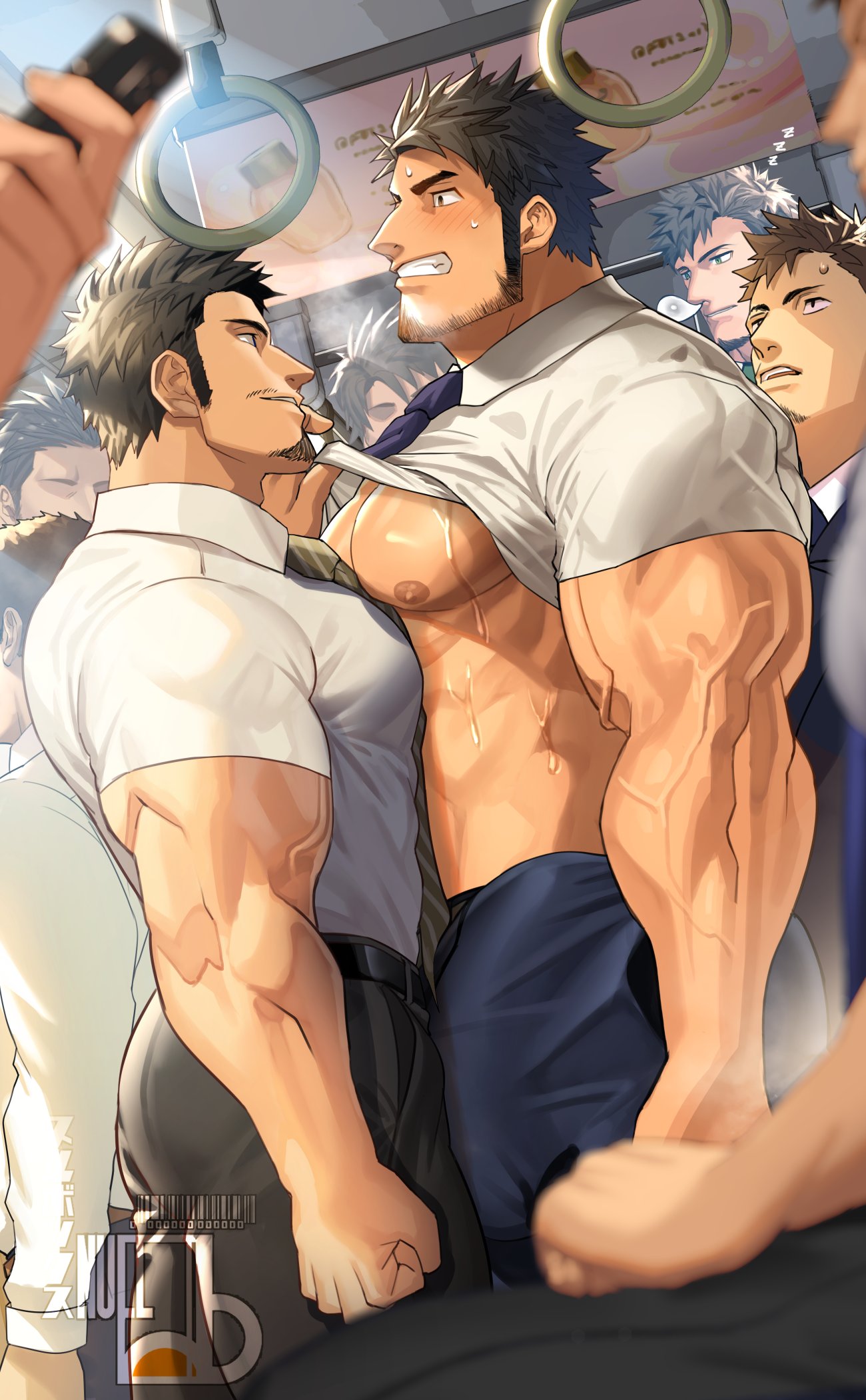 2boys 8boys ass ass_visible_through_thighs bara beard_stubble beefy biceps big_areola big_breasts big_bulge black_hair blurry_foreground blush breast_on_breasts brown_eyes brown_hair bulge bulge_through_clothing chikan clenched_hand clenched_teeth clothed clothes_lift crowd daddy depth_of_field dilf duo duo_focus erection erection_under_clothes eyeless eyeless_male gay genital_outline hand_on_leg handles height_difference hi_res hunk indoors looking_at_viewer looking_up male male/male male_breasts male_only manly mature_male mob_face molestation multiple_boys muscles muscular muscular_arms muscular_ass muscular_legs muscular_male muscular_thighs mustache_stubble necktie nullqllun office_clothing oppai original original_character pecs pointy_nose public public_indecency public_transportation risky salaryman sanpaku short_hair sideburns sleeping small_pupils snot_bubble standing steam steamy_breath sweat sweatdrop sweating sweaty taking_clothes_off thick_arms thick_thighs tight_clothing tough_guy train train_interior triceps veiny_arms yaoi zzz