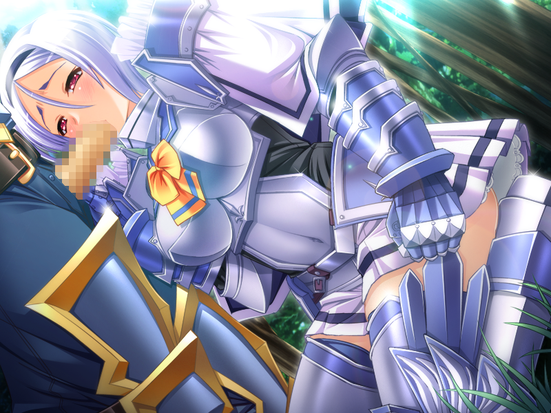 armor asakura_sakura blush breasts censored fellatio female forest game_cg hairband highres knight_carnival lancelot_(knight_carnival) large_breasts legs mosaic_censoring oral penis red_eyes sasayuki short_hair sitting skirt standing sunlight thighs trees white_hair