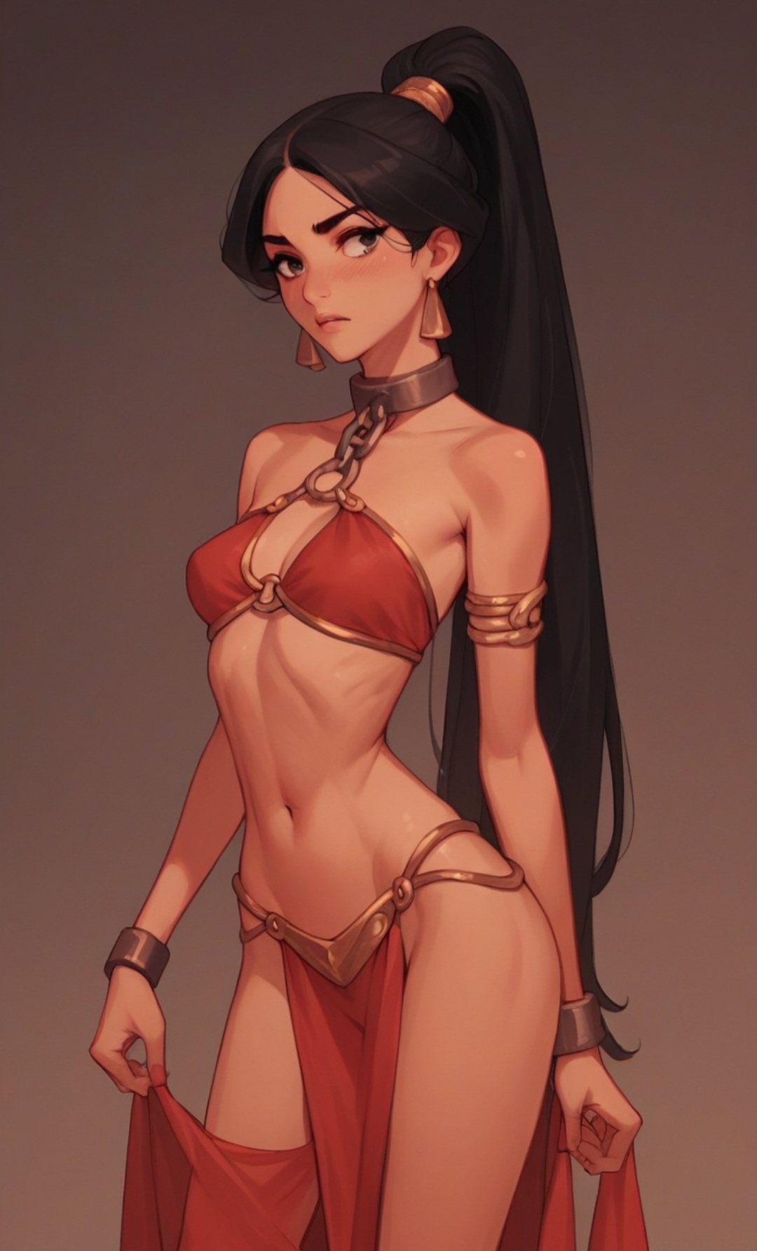 1girls, ai generated, aladdin, arabian, athletic, athletic female, belly dancer, black hair, brown skin, chains, earrings, female, female only, frown, harem outfit, jewelry, loincloth, long hair, metal bikini, midriff, pelvic curtain, ponytail, princess jasmine, reluctant, sex slave, shackles, skinny, slave collar, slave outfit, small breasts, solo