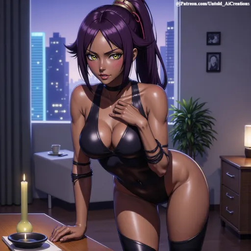 1girls ai_generated bent_over bleach breasts cleavage clothed clothing dark-skinned_female dark_skin female female_only indoors inside leotard looking_at_viewer purple_hair seductive shihouin_yoruichi solo untoldaicreations untoldcreate