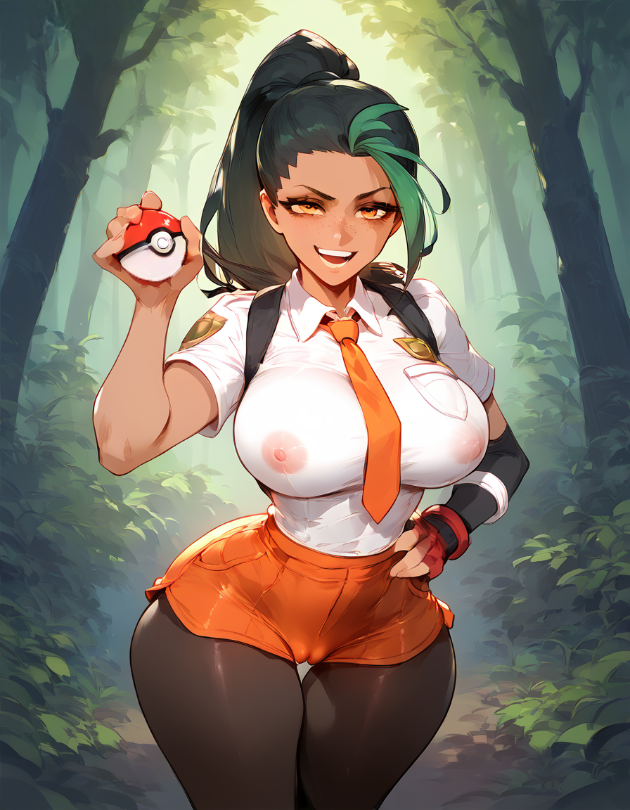 1girls ai_generated before_rape before_sex big_breasts breasts cameltoe clothing curvy curvy_figure eyelashes female genitals hand_on_hip large_breasts nemona_(pokemon) nintendo nipples poke_ball pokemon pokemon_(species) pokemon_sv visible_nipples visible_pussy wide_hips