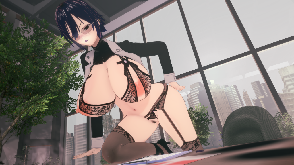 akinama_family_(noir-black-shooter) big_breasts dark_blue_hair huge_breasts koikatsu lingerie milf naoki_akinama_(noir-black-shooter) noir-black-shooter oc office_lady open_clothes original original_character purple_eyes sexy_lingerie short_hair teacher teacher_outfit