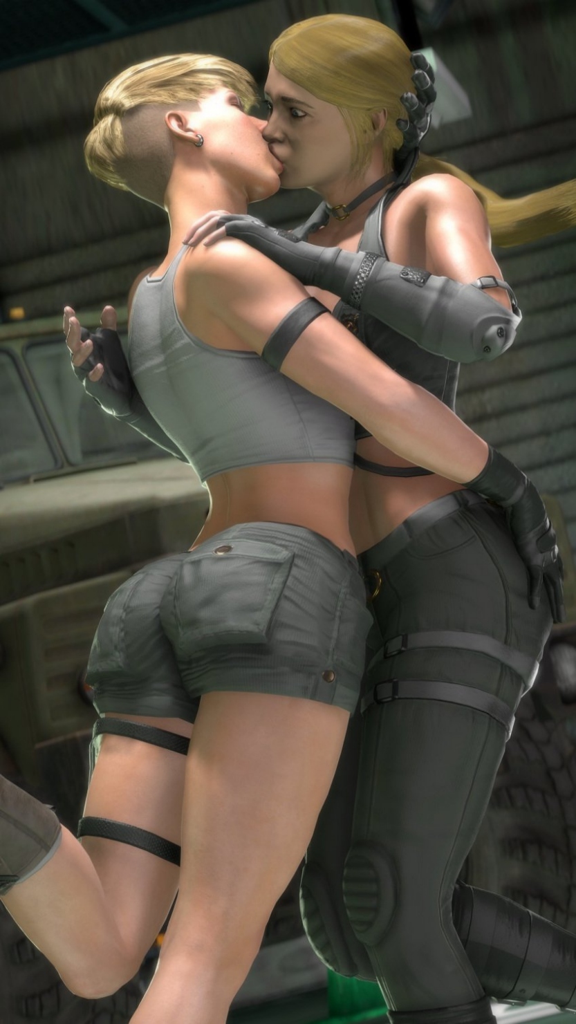 bare_shoulders blonde_hair blue_eyes cassie_cage denim fingerless_gloves gloves holster incest midriff mortal_kombat mother_and_daughter multiple_girls short_hair shorts sonya_blade surprised