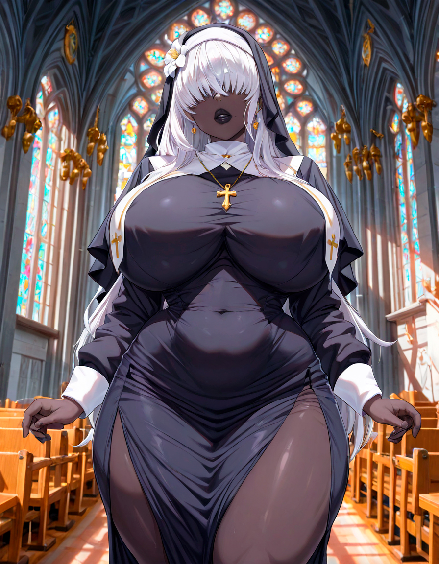 1girls, ai generated, ass, big breasts, bimbo, bimbo body, bimbo lips, black lipstick, black panties, breasts, breasts bigger than head, comparing, curvy, curvy body, curvy female, curvy figure, curvy hips, dark nipples, dark skin, dark-skinned female, emotionless, female, female only, hair over eyes, helluva (starlightnex), huge breasts, long hair, massive breasts, mature female, nun, nun outfit, original, original character, playful, queen, seductive, seductive smile, starlightnex, stockings, thick, thick ass, thick hips, thick legs, thick lips, thick thighs, thigh highs, thighs, very long hair, white hair
