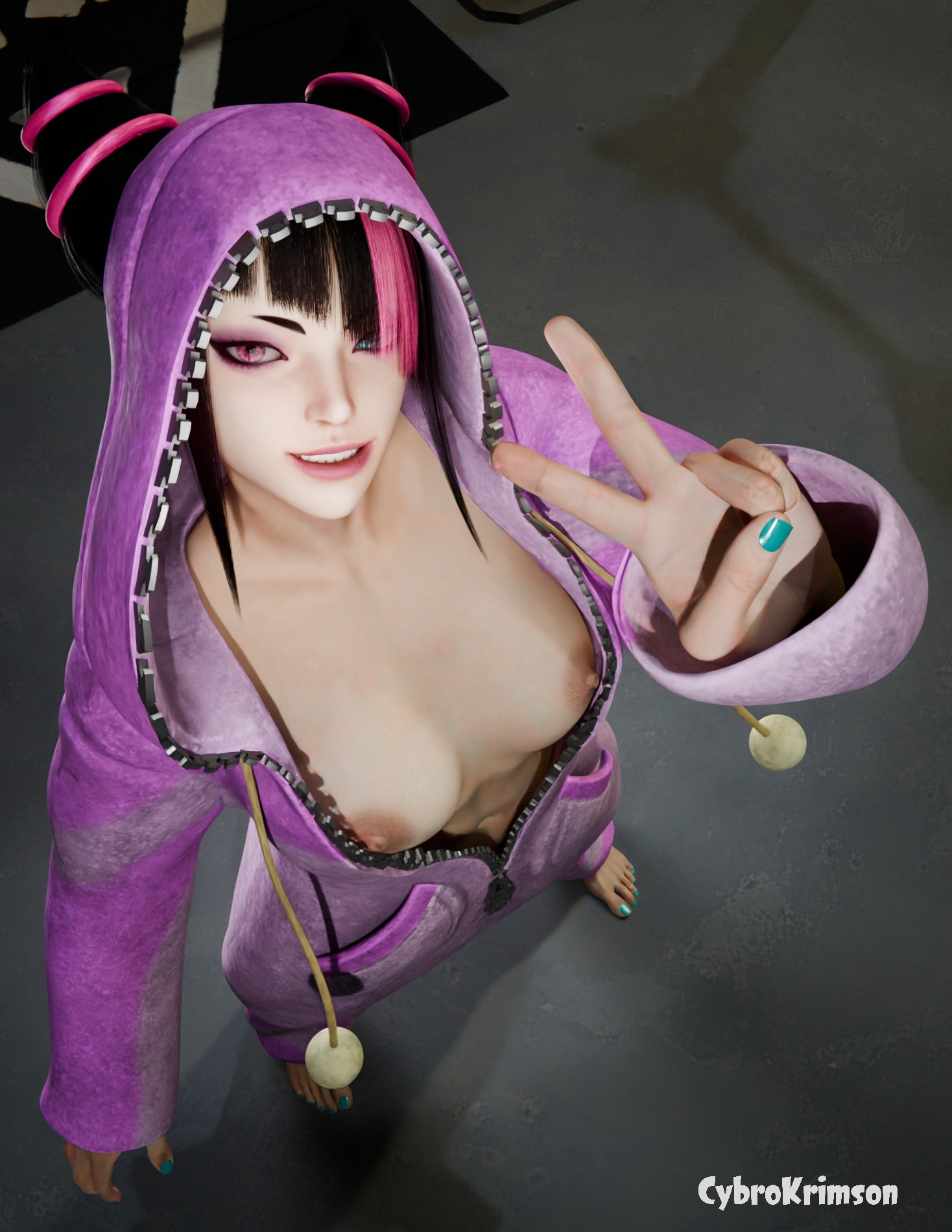 3d, 3d render, abs, barefoot, black hair, breasts, breasts out, clothed, cybrokrimson, erect nipples, feet, female, fingernails, fit, fit female, hair cones, juri han, light skin, light-skinned female, looking at viewer, looking up, medium breasts, nail polish, nails, nipples, onesie, open clothes, peace sign, smiling, street fighter, street fighter 6, tagme, toenail polish, toenails, toes