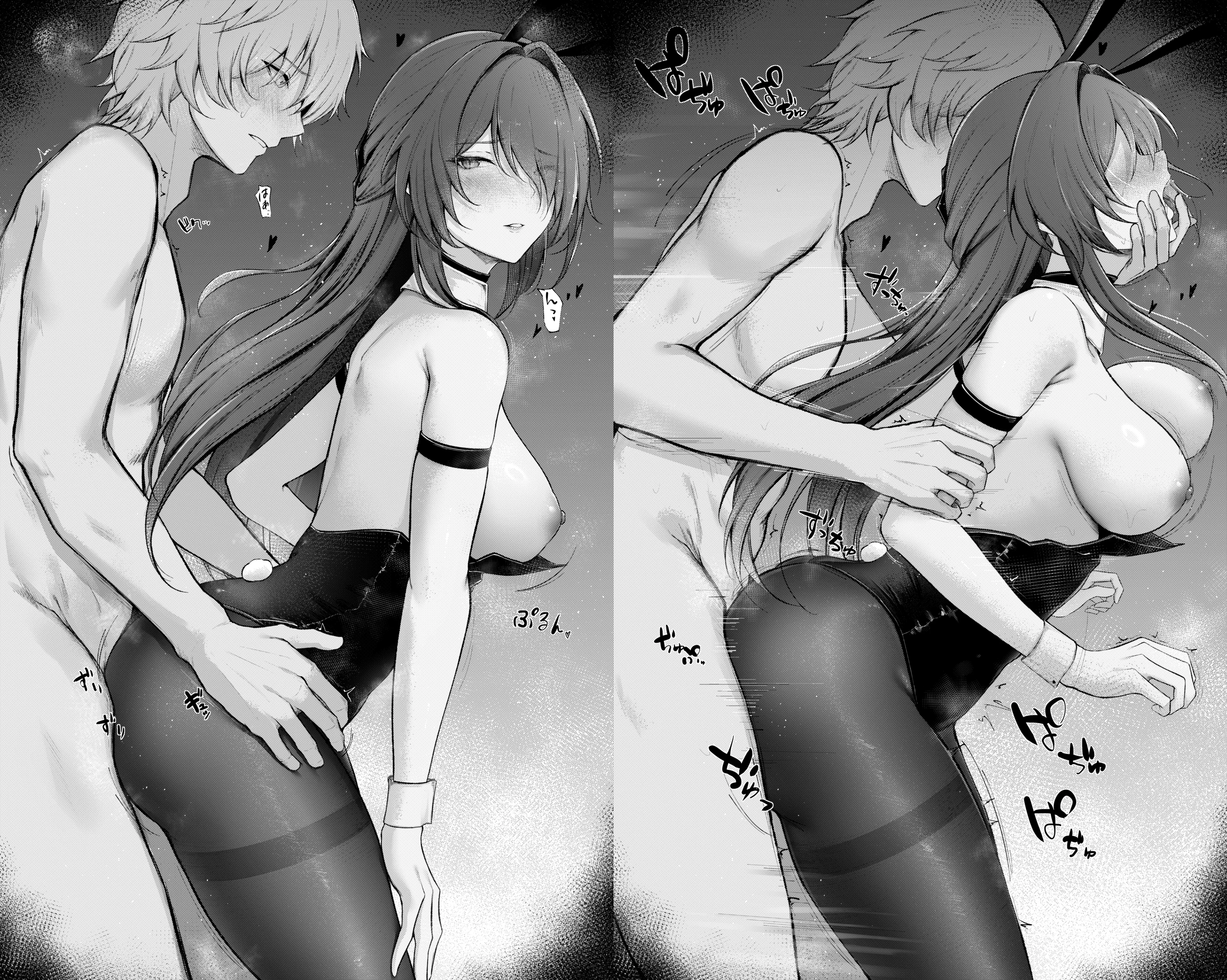 1boy, 1girls, acheron (honkai: star rail), areolae, black and white, blush, breasts, breasts out, bunny ears, bunnysuit, caelus (honkai: star rail), female, finger in mouth, grabbing from behind, honkai (series), honkai: star rail, iced tea u, male, nipples, nude, nude male, sex, sex from behind, tagme, trailblazer (honkai: star rail)