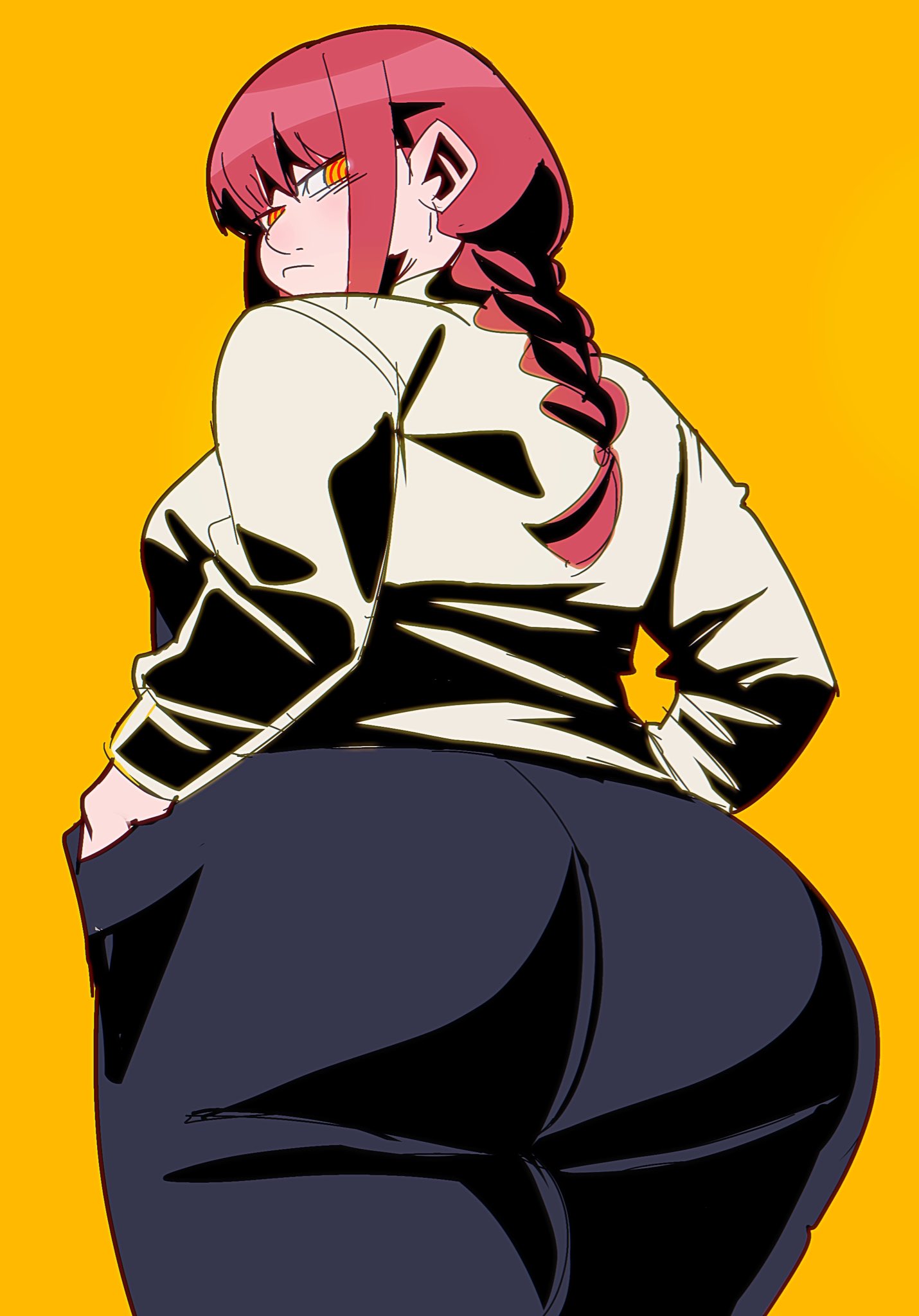 artiah669, ass, back view, bbw, big ass, business suit, business woman, chainsaw man, chubby, chubby female, female, fleshpie669, fully clothed, fully clothed female, huge ass, looking at viewer, looking back, makima (chainsaw man), overweight, overweight female, red hair