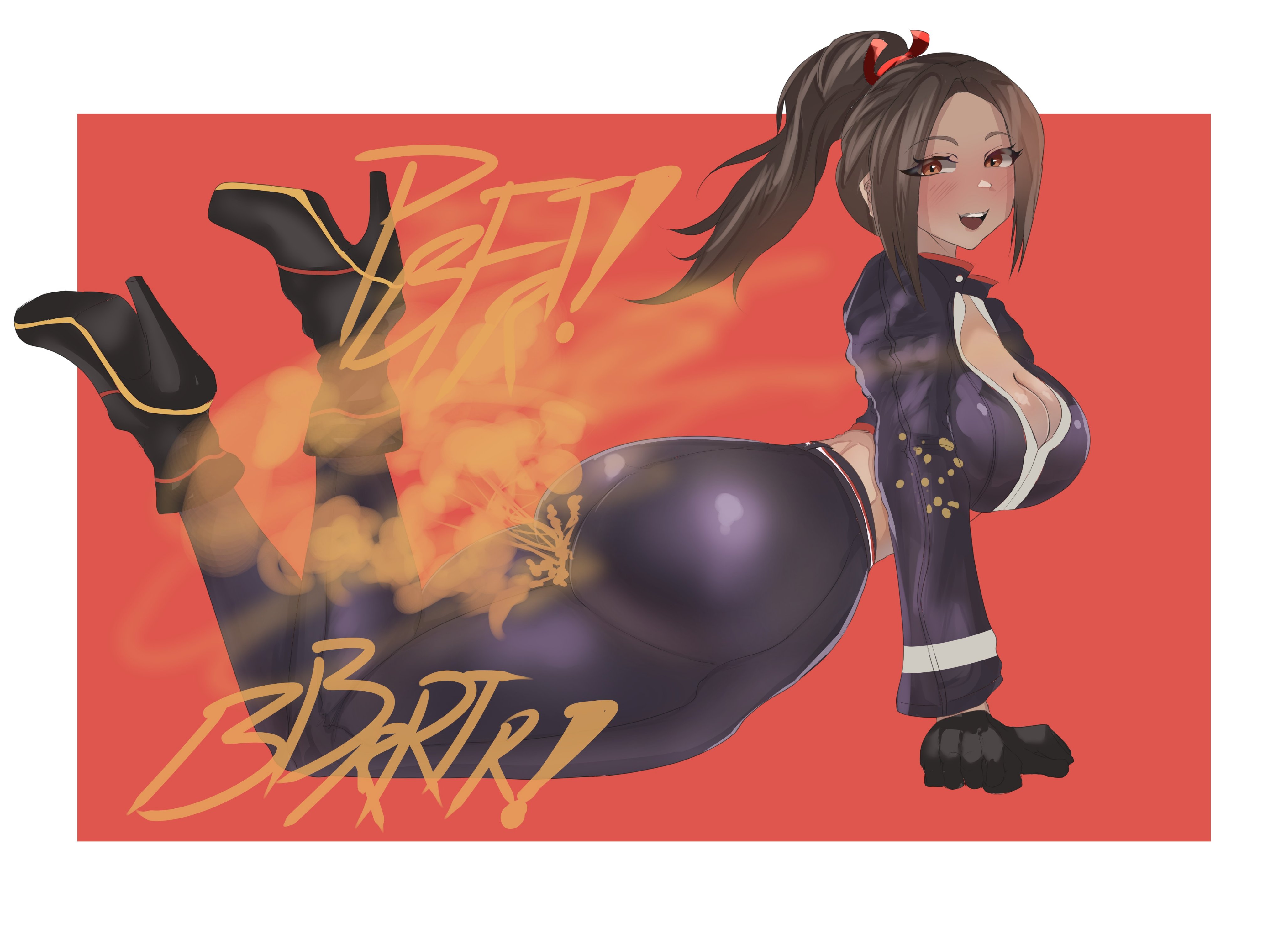 ass, blush, blush lines, breasts, brown eyes, brown hair, bubble ass, bubble butt, capcom vs snk, cleavage, crop top, cropped jacket, fart, fart cloud, fart fetish, farting, fat ass, fatal fury, female, king of fighters, leaning forward, legs up, mai shiranui, melonarts2 (artist), snk, stretching, thick thighs