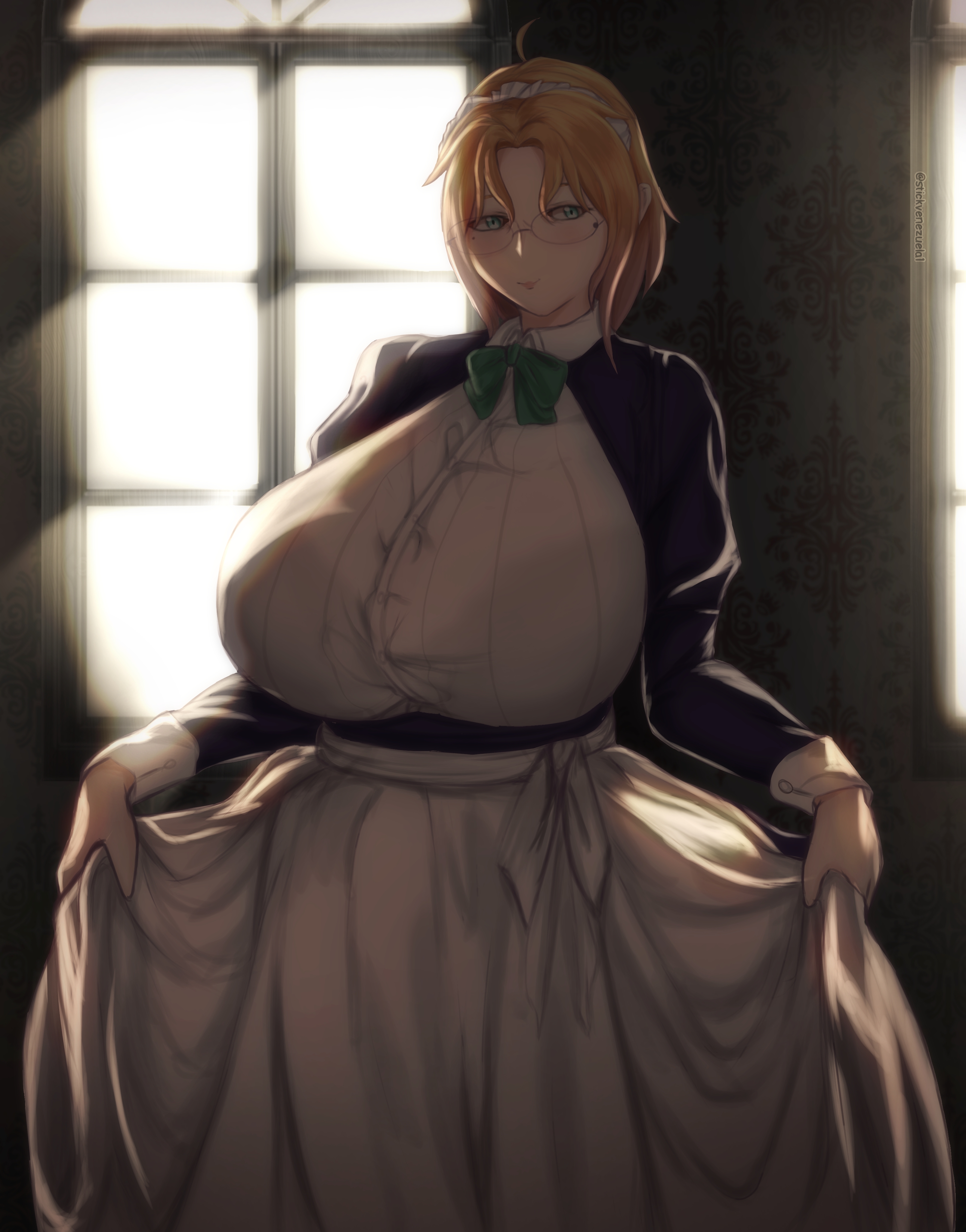 1girls, apron, bra, bra visible through clothes, breasts, breasts bigger than head, dress, enmaided, female, female focus, female only, frills, glasses, hair between eyes, hi res, highres, huge breasts, hyper breasts, light skin, light-skinned female, liselotte meier (stickvenezuela), maid, maid headdress, massive breasts, mature female, orange hair, original, original character, puffy sleeves, purple dress, rimless eyewear, see-through clothes, sidelocks, smile, solo, stickvenezuela, tagme, teal eyes, underwear, waist apron, white apron