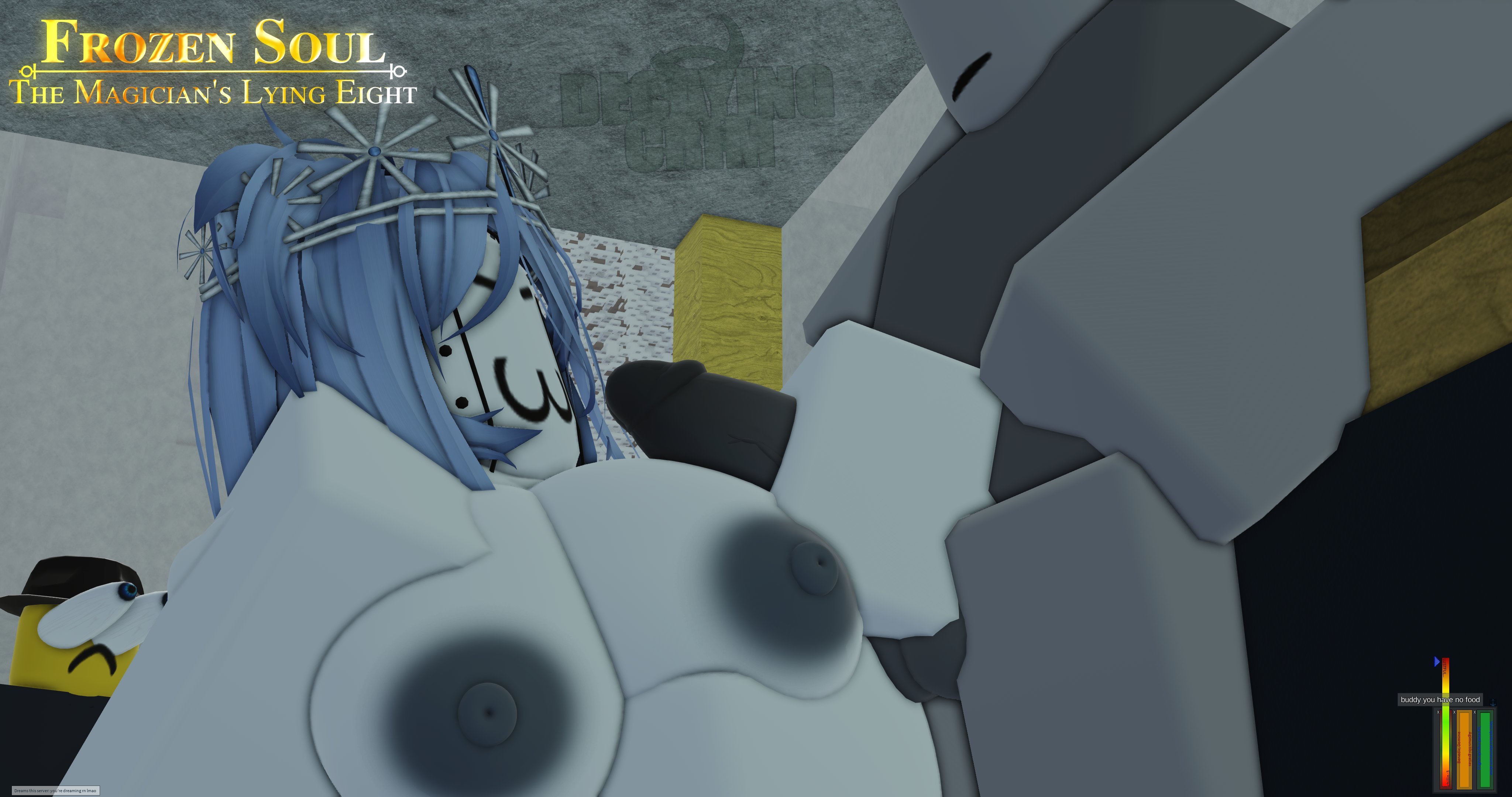 :3, 1girls, 2boys, 3d, android girl, anon, areolae, balls, breasts, crimstuff, cuckolding, dream game, duo focus, eunoia, eyes popping out, female, handjob, light blue hair, mafioso (dream game), male, nipples, penis, roblox, roblox game, robloxian, robot girl, tagme, tiara, watermark