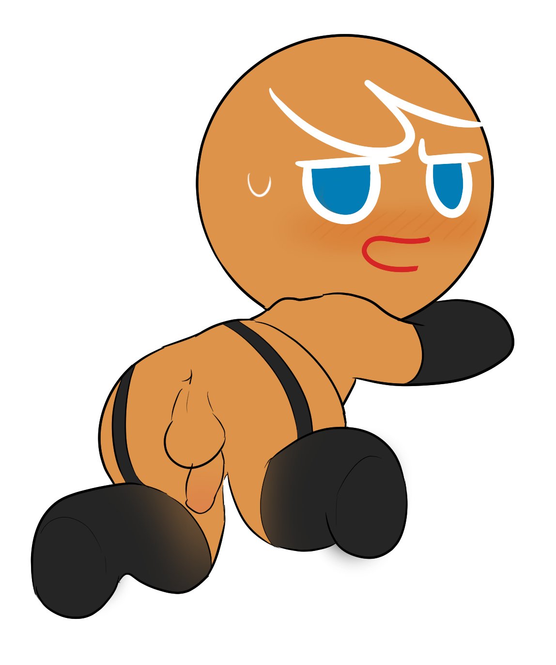 1boy, 2025, anthro, anus, anus outline, anus peek, arm warmers, armwear, ass, asshole, balls, black lingerie, blue eyes, blush, blushing at viewer, brown body, cookie, cookie run, cookie run kingdom, cookie run ovenbreak, cookie run: tower of adventures, gay, gay male, genitalia, genitals, gingerbrave, gingerbread cookie, gingerbread man, humanoid genitalia, humanoid penis, kuwoesque, leggings, lingerie, lingerie only, looking at viewer, looking back, looking back at viewer, male, male only, penis, presenting, presenting hindquarters, red mouth, small penis, solo, solo focus, solo male, sweat, sweatdrop, sweating, tagme, testicles, white hair