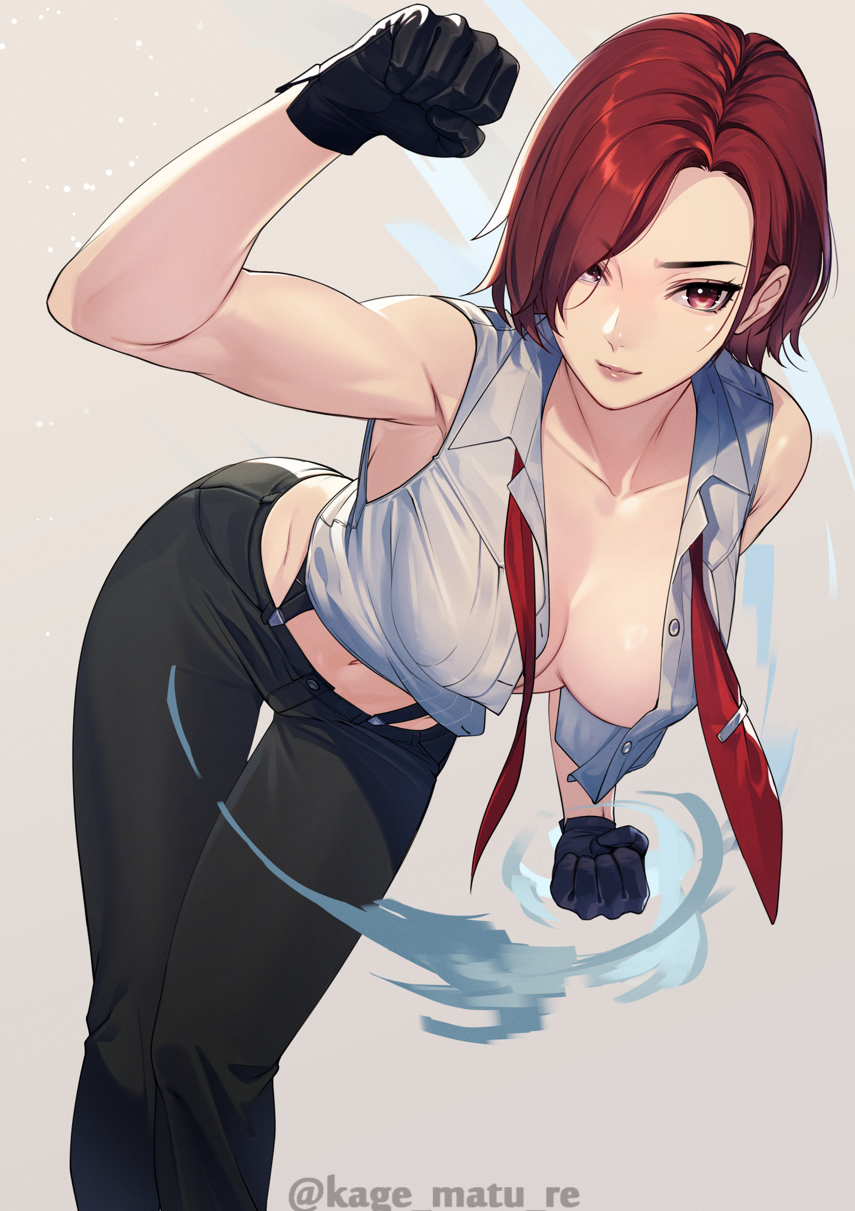 1girls, arched back, bent over, black gloves, bob cut, boobs, boobs out, breasts, breasts out, cleavage, collar, collared shirt, crop top, female, female focus, female only, gloves, hair over one eye, hi res, high resolution, highres, hips, inner sideboob, kagematsuri, king of fighters, kof, light skin, light-skinned female, lips, lipstick, makeup, mature, mature female, medium breasts, medium hair, messy hair, milf, no bra, pale skin, pale-skinned female, perky breasts, pink lips, pink lipstick, pinup, pose, posing, red eyes, red hair, shoulder length hair, sleeveless, sleeveless shirt, snk, solo, solo female, solo focus, standing, suspenders, the king of fighters, tits, tits out, vanessa (kof), very high resolution, white shirt, wide hips