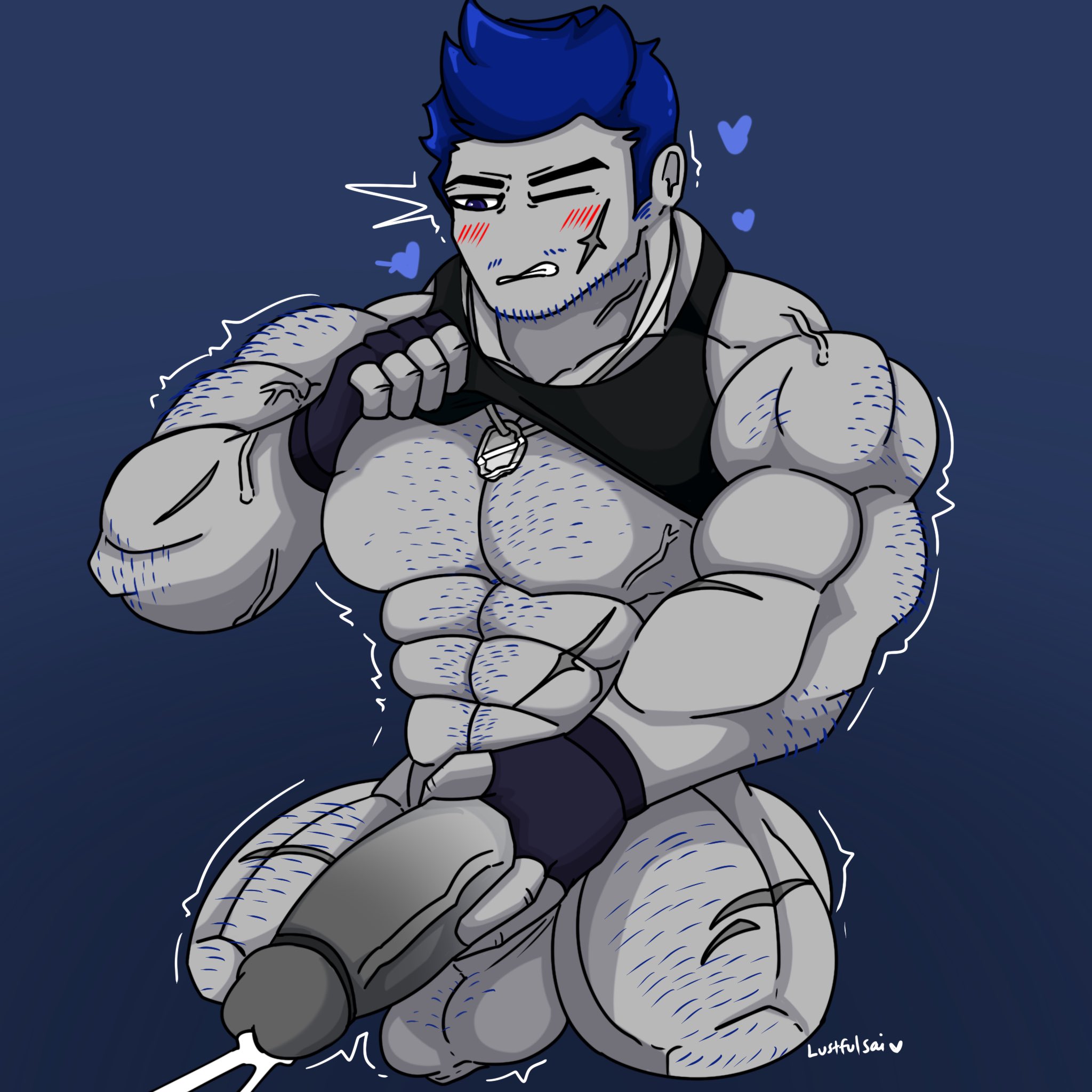 1boy, artist name, balls, bara, bottomless, cumshot, facial hair, forsaken (roblox), guest 1337 (forsaken), guest 1337 (the last guest), hairy, hairy arms, hairy balls, hairy chest, hairy legs, hairy male, hearts around head, lustfulsai, male, male only, masturbating, masturbation, muscles, penis, roblox, roblox game, robloxian, scars, shirt lift, shirt lifted by self, solo, tagme, the last guest, veiny muscles, veiny penis, yaoi