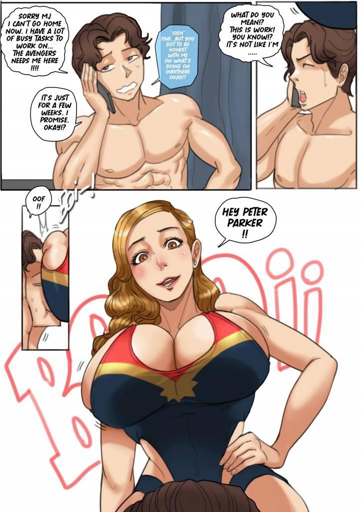 1boy, 1girls, 2d, avengers, big breasts, big penis, bikini, braid, breasts, busty, captain marvel, carol danvers, color, comic, comic page, couple (romantic), english text, female, hairy pussy, heroine, horny female, light skin, light-skinned female, light-skinned male, lipstick, love, male, male/female, marvel, marvel comics, one-piece swimsuit, penis, peter parker, pussy, romantic couple, sexy body, speech bubble, spider-man (series), straight, swimsuit, tora tora, vagina, younger male