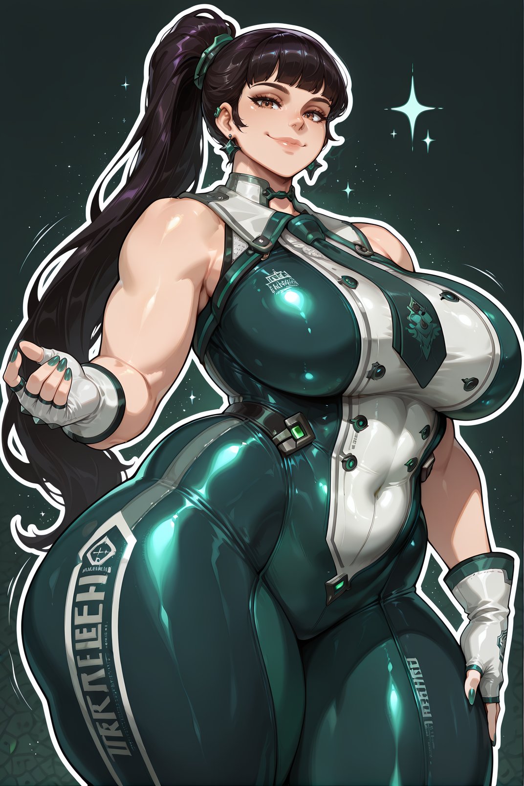 ai generated, asian, asian female, bare thighs, black hair, bodysuit, breasts, brown eyes, eve (stellar blade), female, gigantic breasts, huge breasts, huge thighs, light skin, light-skinned female, long hair, looking at viewer, massive breasts, oiled body, oiled skin, ponytail, smiling, solo female, squatting, stellar blade, sweat, sweatdrop, thick body, thick female, thick thighs, thighs, thighs bigger than head, voluptuous, voluptuous female, yashugai