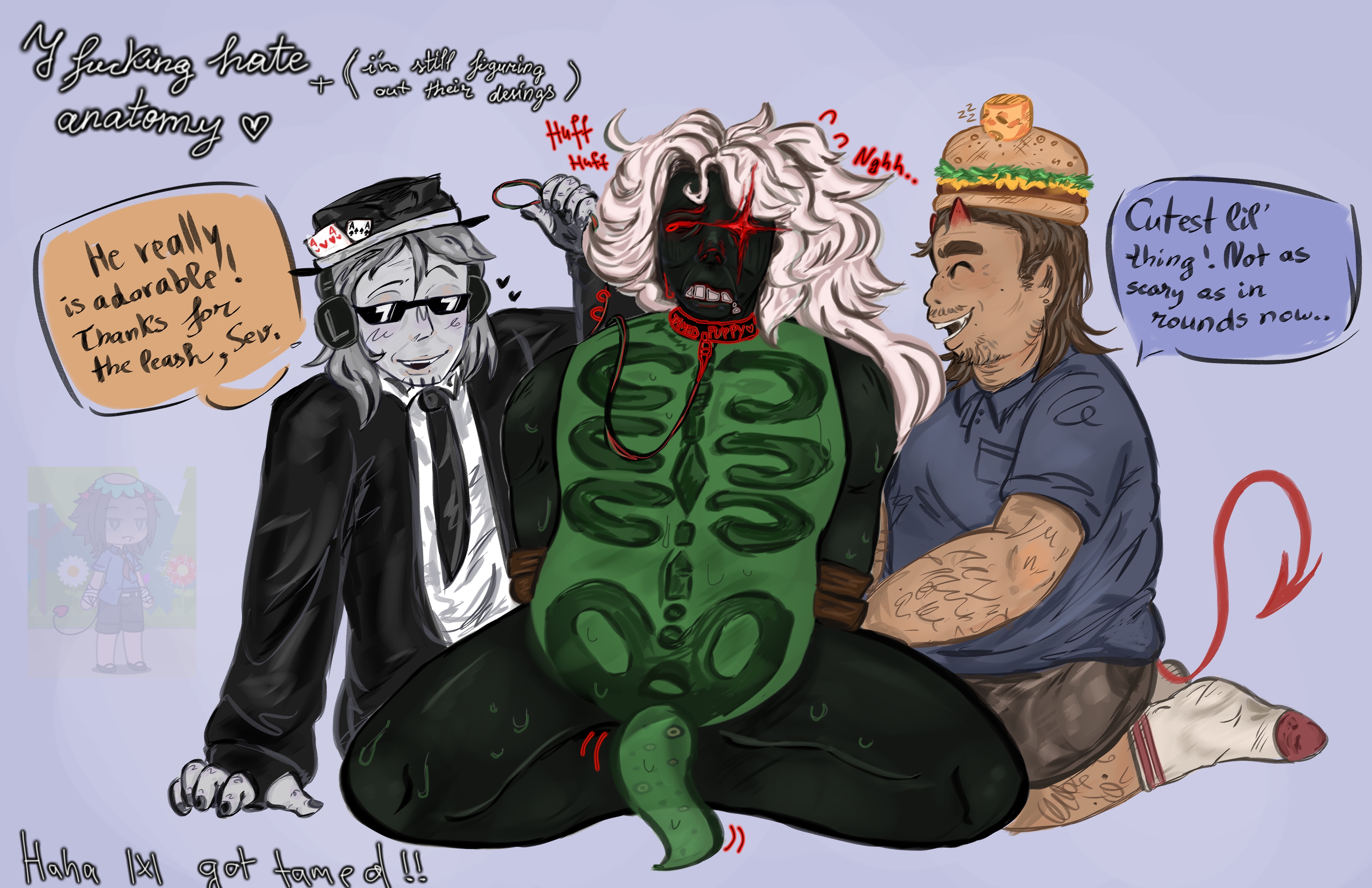007n7 (forsaken), 1x1x1x1 (forsaken), 7n7h4ckz, black limbs, brown hair, chance (forsaken), chubby male, clothed, collar, crying, demon horns, demon tail, dialogue, english text, fedora, forsaken (roblox), green torso, hairy male, idk what to tag it, leash, leash and collar, leash pull, leashed collar, long hair, long sleeves, male, naked, penis, petplay, puppyplay, rib cage, roblox, roblox game, robloxian, speech bubble, tagme (artist), tamed, taming, tentacle penis, text, text bubble, threesome, transparent torso, whimpering, white hair