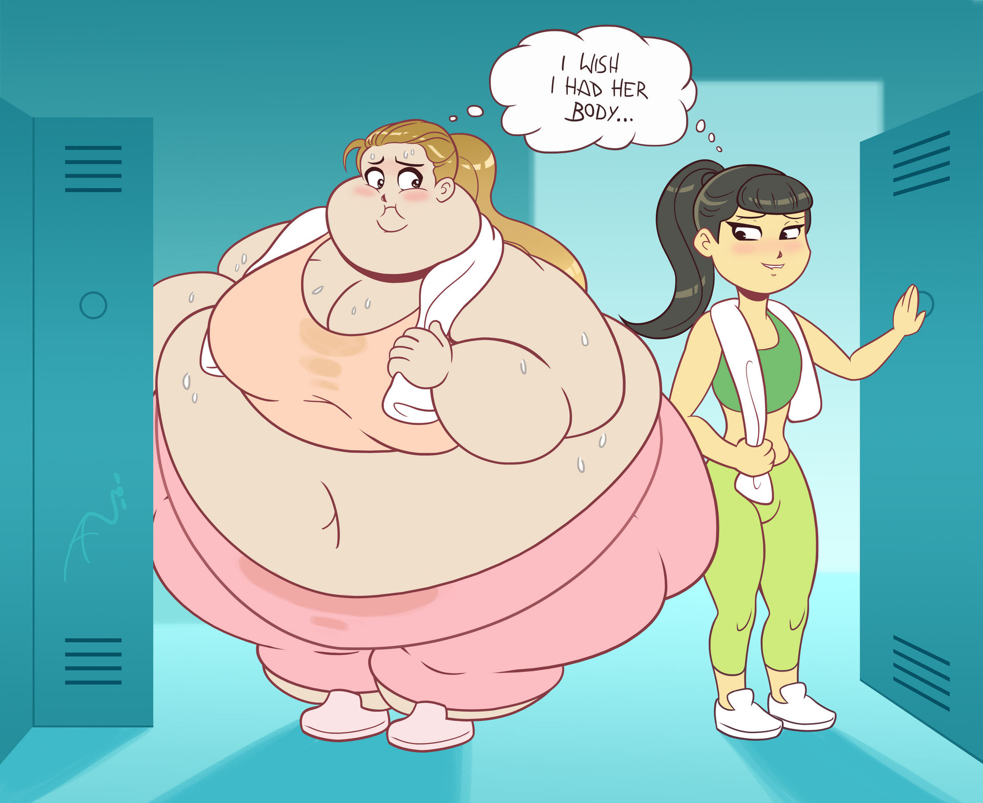 2girls, aaronfly98, asian, asian female, ass, bbw, biting lip, biting own lip, black hair, blob, blogicomics, blonde hair, blush, double chin, edit, edited, edited art, edited screencap, fat, fat arms, fat ass, fat ass female, fat belly, fat face, fat female, fat fetish, fat folds, fat legs, fat thighs, fat woman, female, female only, gym, gym bottomwear, gym clothes, gym clothing, gym shorts, i wish i had her body (meme), imagining, implied lesbian, larger female, locker, locker room, lockers, longing eyes, meme, morbidly obese, morbidly obese female, obese, obese female, sbbw, shadow, slim, slim female, smaller female, ssbbw, sweat, sweating, sweaty, text, text bubble, thought bubble, wishing