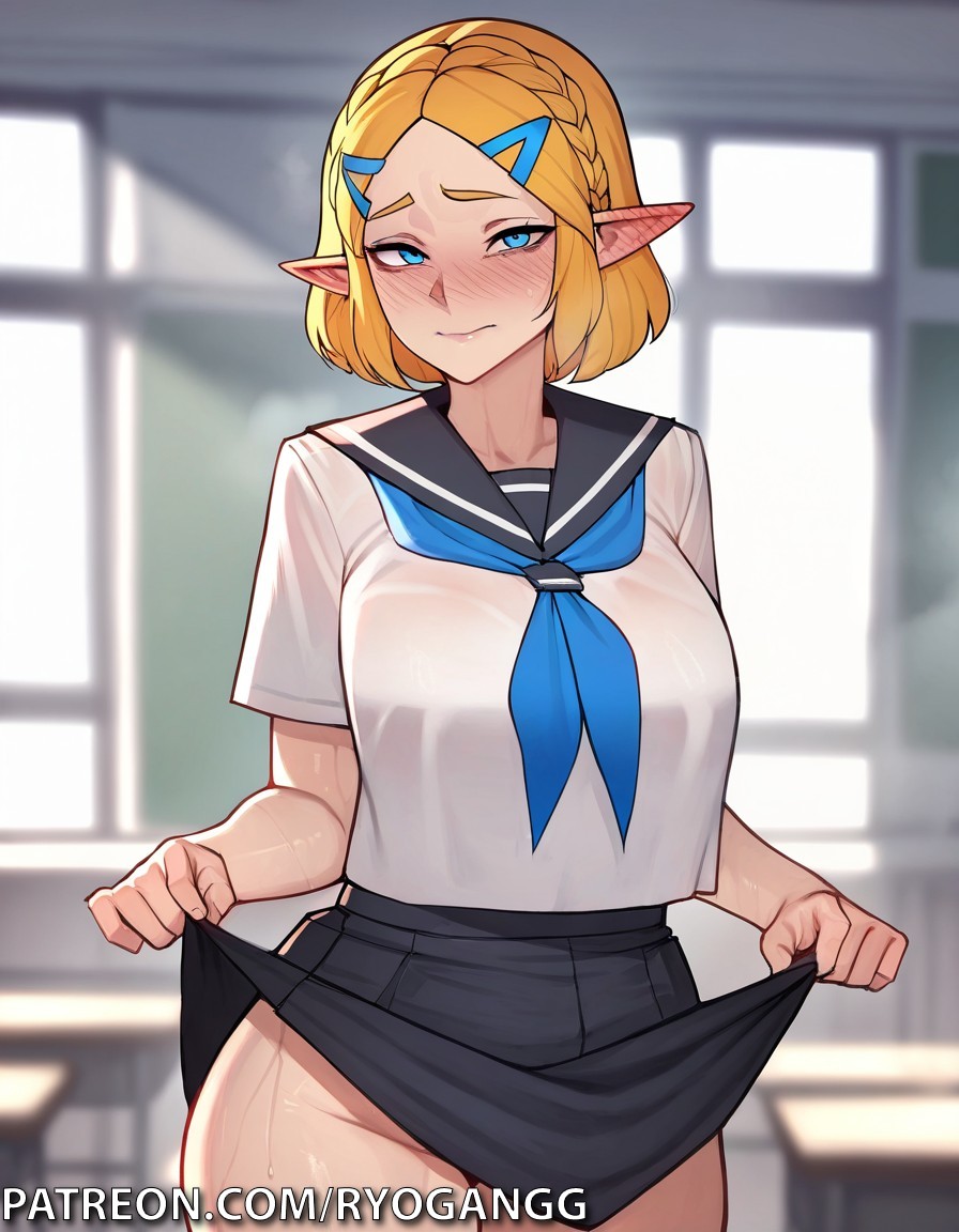1girls, 2d, 2d (artwork), ai generated, big cock, blonde hair, blue eyes, blush, breasts, female, looking at viewer, male, no panties, patreon, patreon username, penis, pointy ears, princess zelda, ryogangg, school, school uniform, schoolgirl, short hair, skirt, skirt lift, solo, tears of the kingdom, the legend of zelda, zelda (tears of the kingdom)