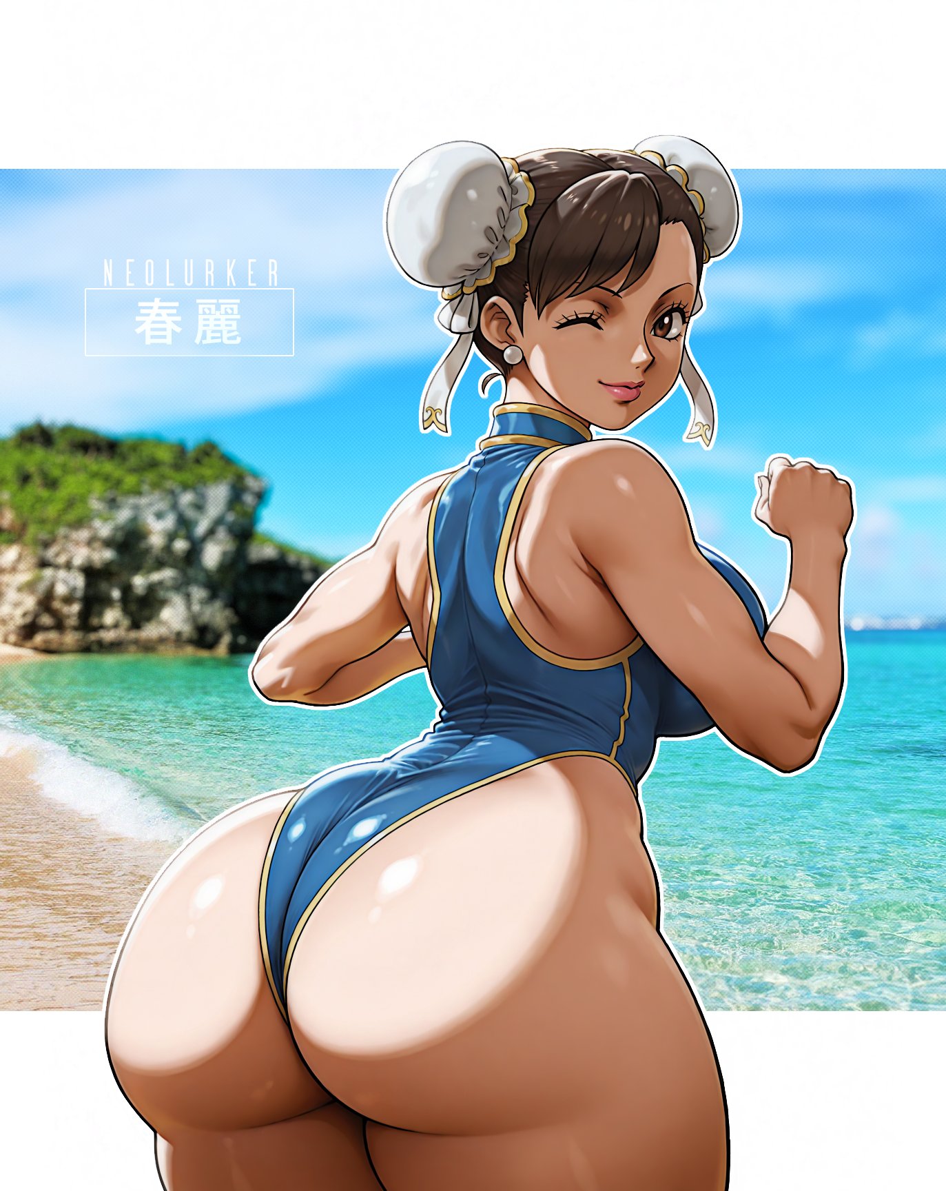 ai assisted, artist name, ass, ass focus, asymmetrical bangs, beach, brown hair, bun cover, chun-li, clenched hand, curvy, double bun, earrings, female, from behind, hair bun, highleg, highres, huge ass, jewelry, large areolae, lips, looking at viewer, mature female, neolurker, one eye closed, one-piece swimsuit, outdoors, outline, photo background, plump, smile, solo, street fighter, swimsuit, thick thighs, thighs, white outline, wide hips