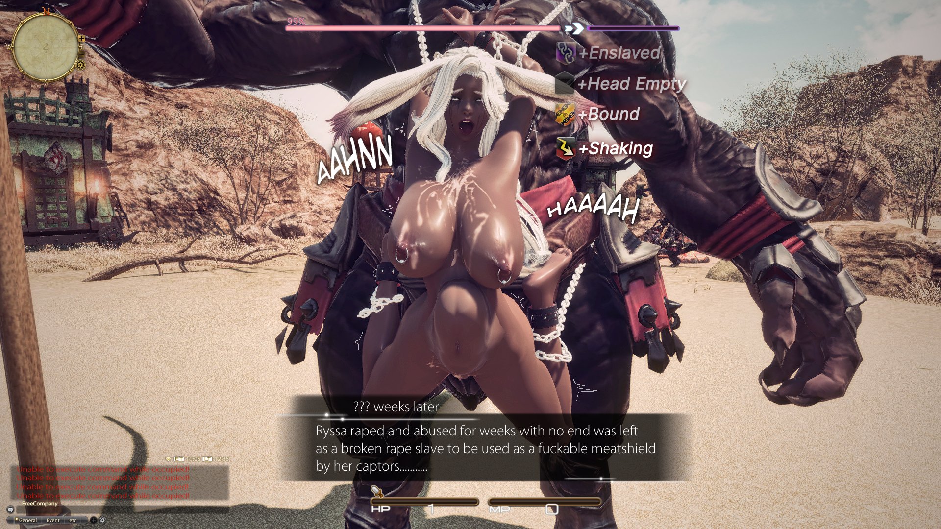 amalj'aa, anonorenk, bad end, bondage, broken rape victim, chains, cum, dark skin, dark-skinned female, defeated, defeated heroine, fanny packing, female, final fantasy xiv, gameplay mechanics, gpose (ffxiv), helpless, monster, monster rape, nipple piercing, nipples, piercing, rape, raped, raped by monster, restrained, stomach bulge, tagme, viera