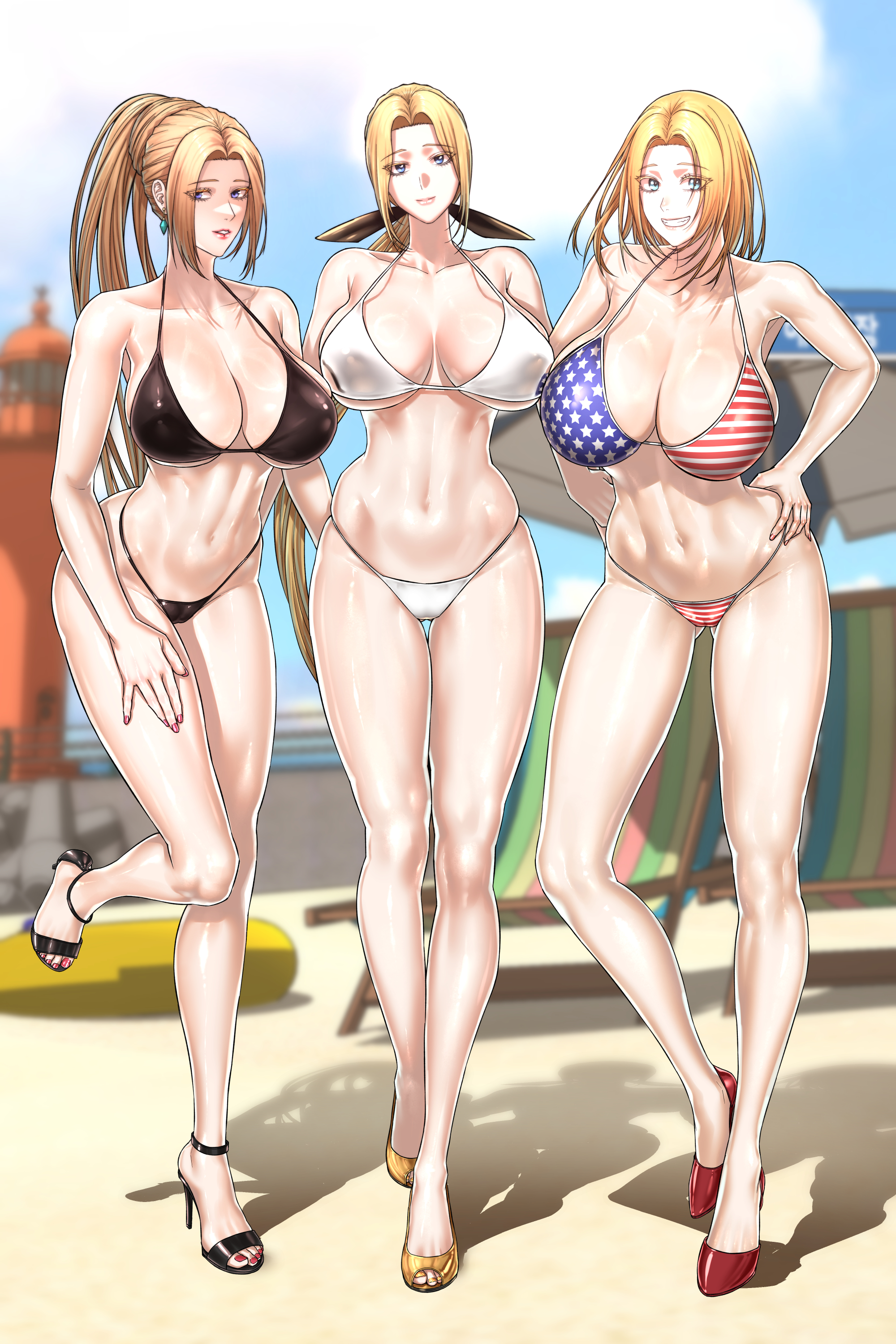 3girls, american flag bikini, bikini, blonde hair, blue eyes, breasts, cleavage, dead or alive, female, female only, harem, helena douglas, huge breasts, koei tecmo, looking at viewer, medium hair, ninja gaiden, ponytail, rachel (ninja gaiden), tina armstrong, trickster (artist), voluptuous