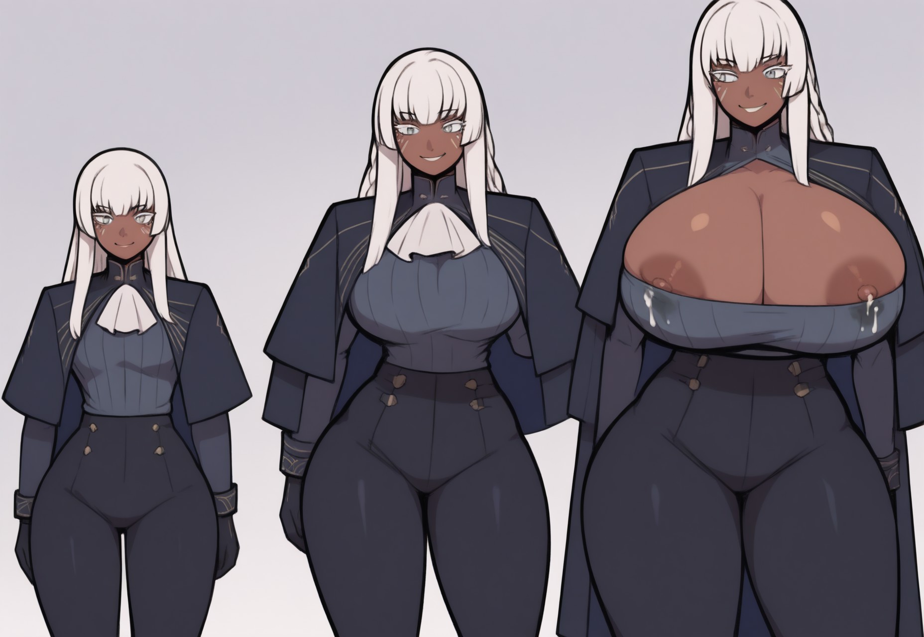 age progression, ai assisted, ai generated, anime, anime style, ass expansion, atlus, before and after, breast expansion, breast growth, breast growth (enlargement), breasts, brigitta (metaphor: refantazio), brigitta lycaon, busty female, clothed, clothing, coat, dark skin, dark-skinned female, detailed, detailed background, earrings, expansion, female, front view, growth, growth sequence, happy, height growth, height increase, hero, heroine, high resolution, huge breasts, jeans, large breasts, long hair, metaphor: refantazio, nipple slip, nipples, open mouth, parted lips, sequence, skin tight, skintight, solo, solo focus, teeth, thighhighs, thighs, thunder thighs, thunderthighs, transformation, white hair, white-haired female