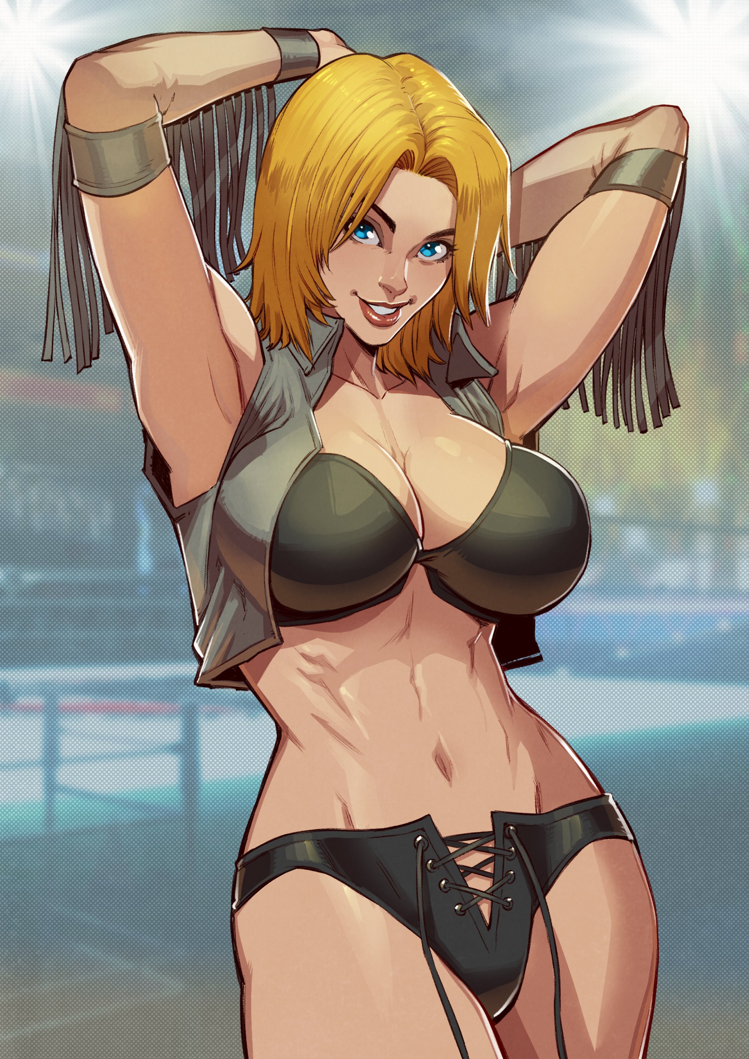 1girls, armpits, athletic female, bikini, blonde hair, blue eyes, breasts, cleavage, danusko, dead or alive, female, female only, fit female, huge breasts, looking at viewer, medium hair, open vest, solo, tina armstrong, vest