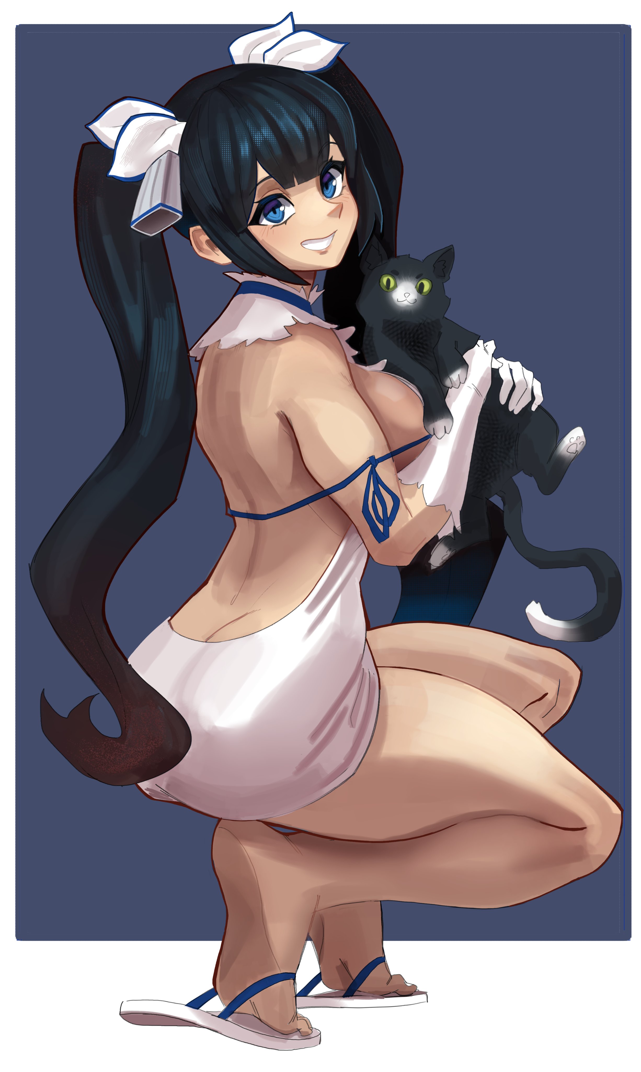 ass, big ass, big breasts, big butt, big thighs, big titties, black hair, breasts, clothing, curvaceous, curvaceous female, curvaceous figure, curvy, curvy figure, curvy hips, dungeon ni deai wo motomeru no wa machigatteiru darou ka, exnezo, female, female focus, female only, hestia (danmachi), long hair, looking at viewer, sandals, twintails