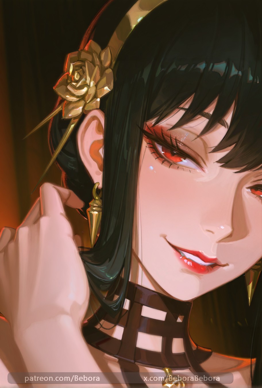 aesthetic, ai assisted, ai generated, anime, bebora, black hair, close-up, face, female, pale skin, patreon username, portrait, red eyes, smile, spy x family, yor briar, yor forger
