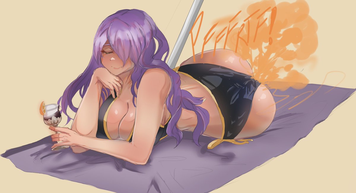 ass_bigger_than_head beach_towel beach_umbrella big_ass big_breasts bikini bikini_top camilla_(fire_emblem) fart fart_cloud fart_fetish farting fat_ass female fire_emblem huge_ass huge_breasts looking_back melonarts2_(artist) nintendo on_stomach purple_hair simple_background smile thick_thighs