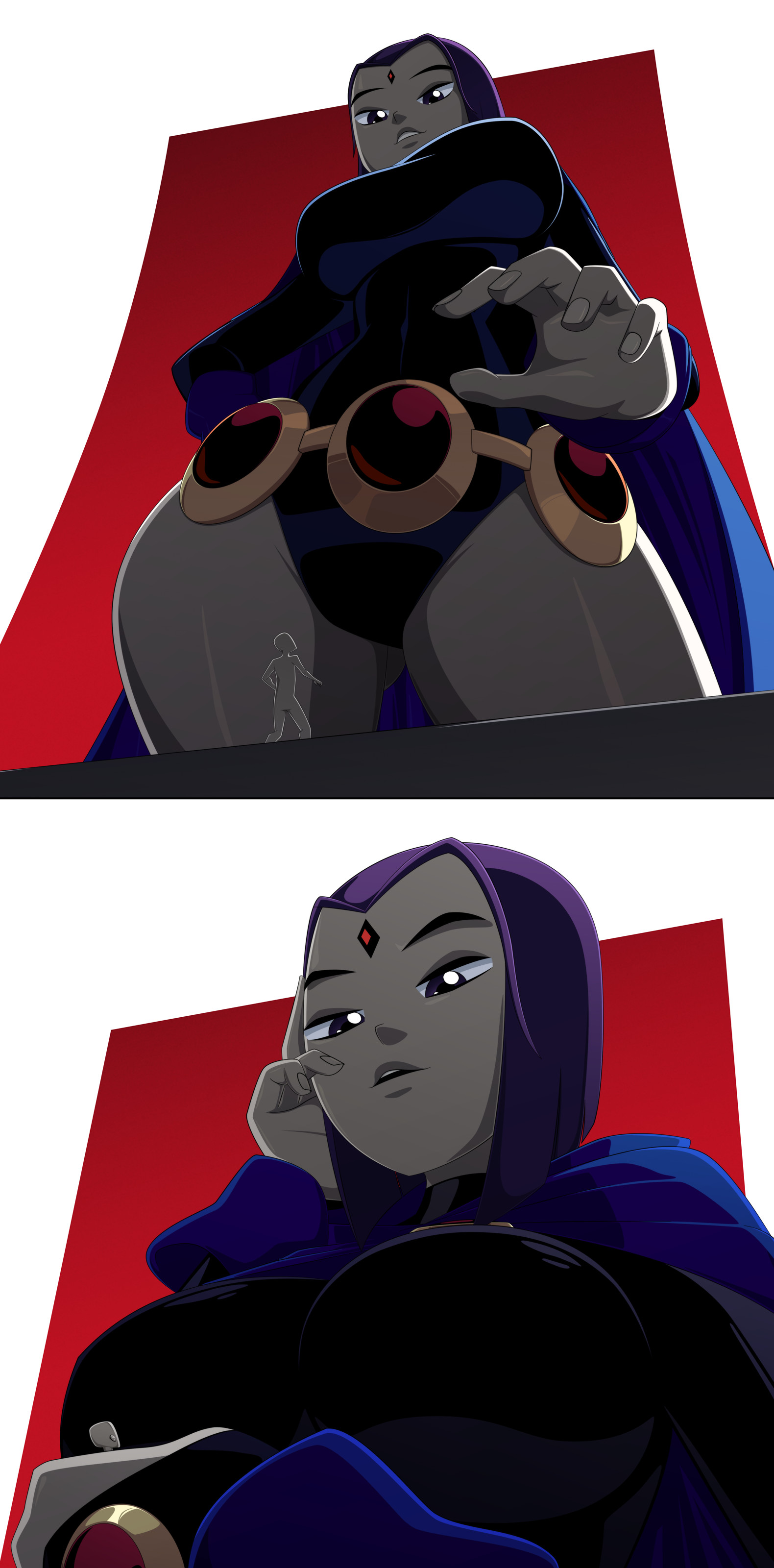1ambiguous, 1girls, alternate version available, ambiguous gender, dc, dc comics, female, giantess, grey skin, half demon, hourglass figure, low-angle view, purple hair, raven (dc), ravenravenraven, tagme, teen titans, thick thighs, thighs