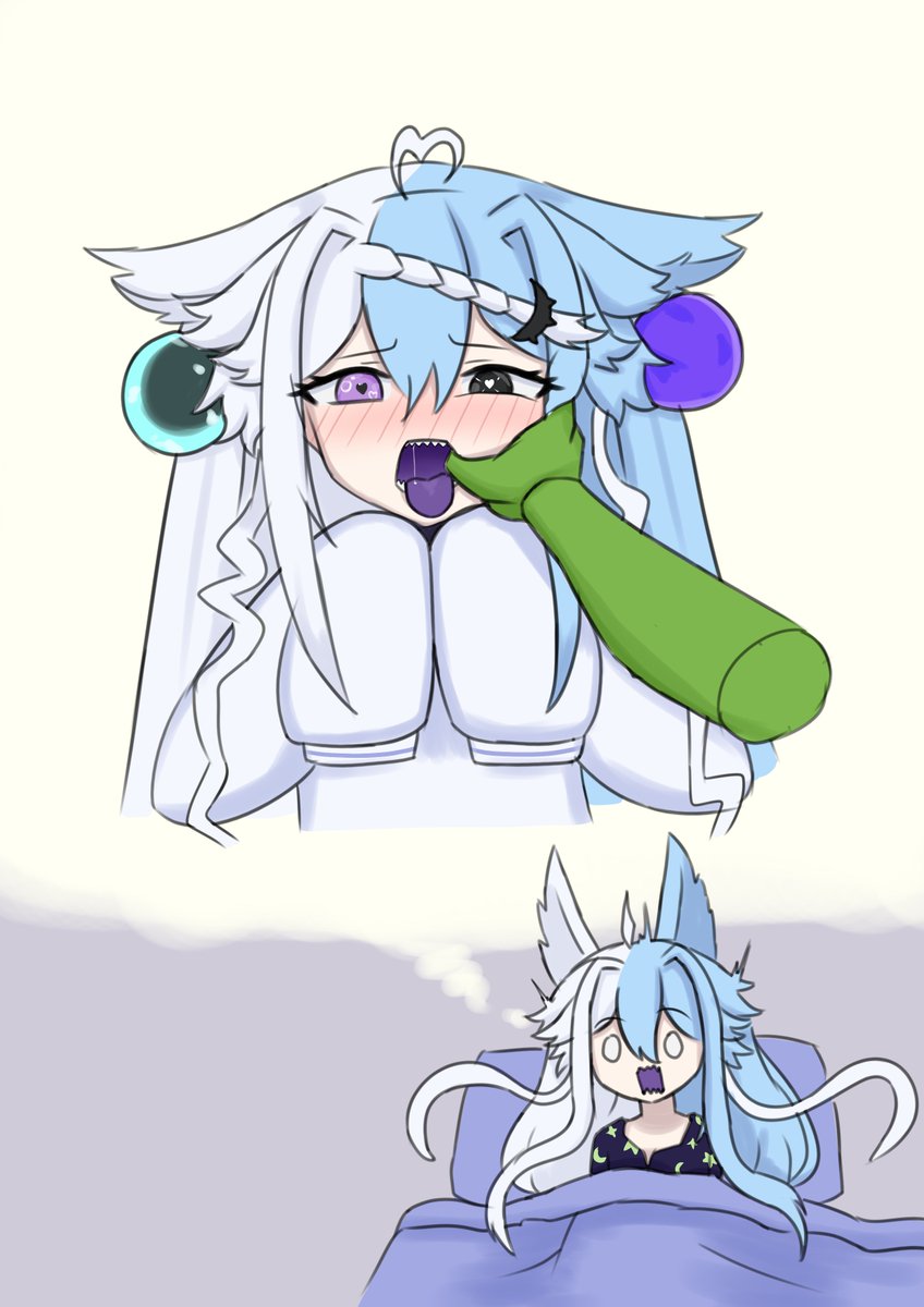 1boy, 1girls, 2d, alien girl, aquwa, bare arms, black eyes, black tie, blue hair, blush, blushing, braid, cat ears, collarbone, female, green arm, hair ornament, hand in mouth, heart-shaped pupils, indie virtual youtuber, male, meme, purple eyes, purple tongue, sleeping, szpecter, tagme, tongue, tongue out, twitch, vedal987, virtual youtuber, vtuber, white hair