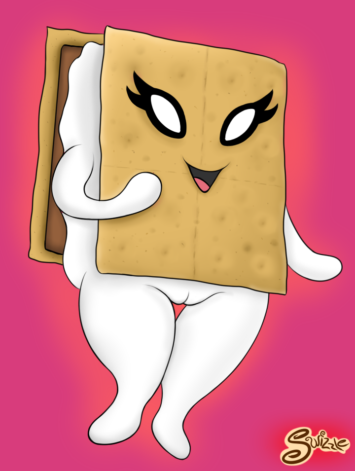 anthro female food furry no_humans personification pink_background plain_background pussy s'more swizzle