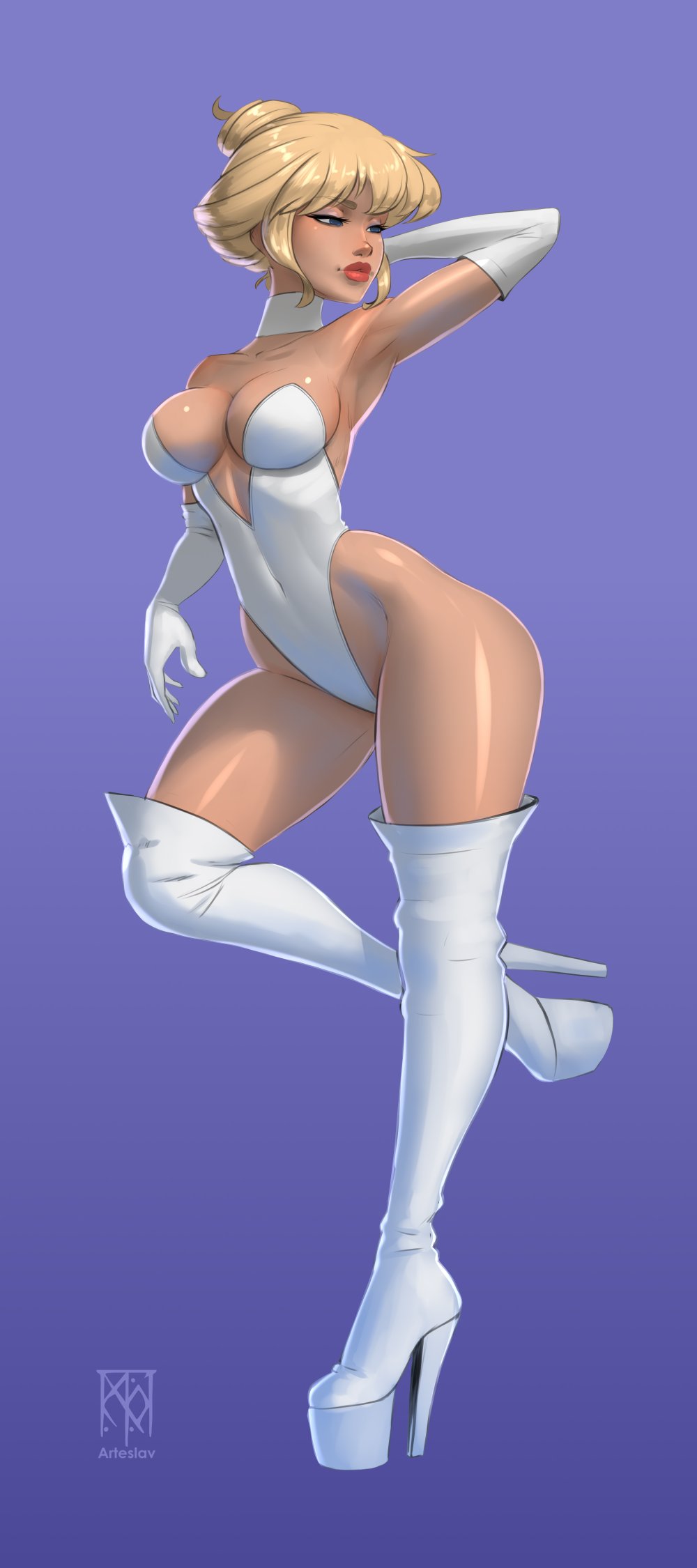 1girls, armpits, arteslav, blonde hair, blue eyes, boots, breasts, choker, cleavage, cool world, elbow gloves, eyeliner, female, female only, gloves, hair bun, high heel boots, high heels, holli would, leotard, lipstick, makeup, medium breasts, platform boots, platform heels, red lipstick, revealing clothes, solo, standing, standing on one leg, strapless leotard, thick thighs, thigh boots, thighs, wariza, white boots, white choker, white leotard