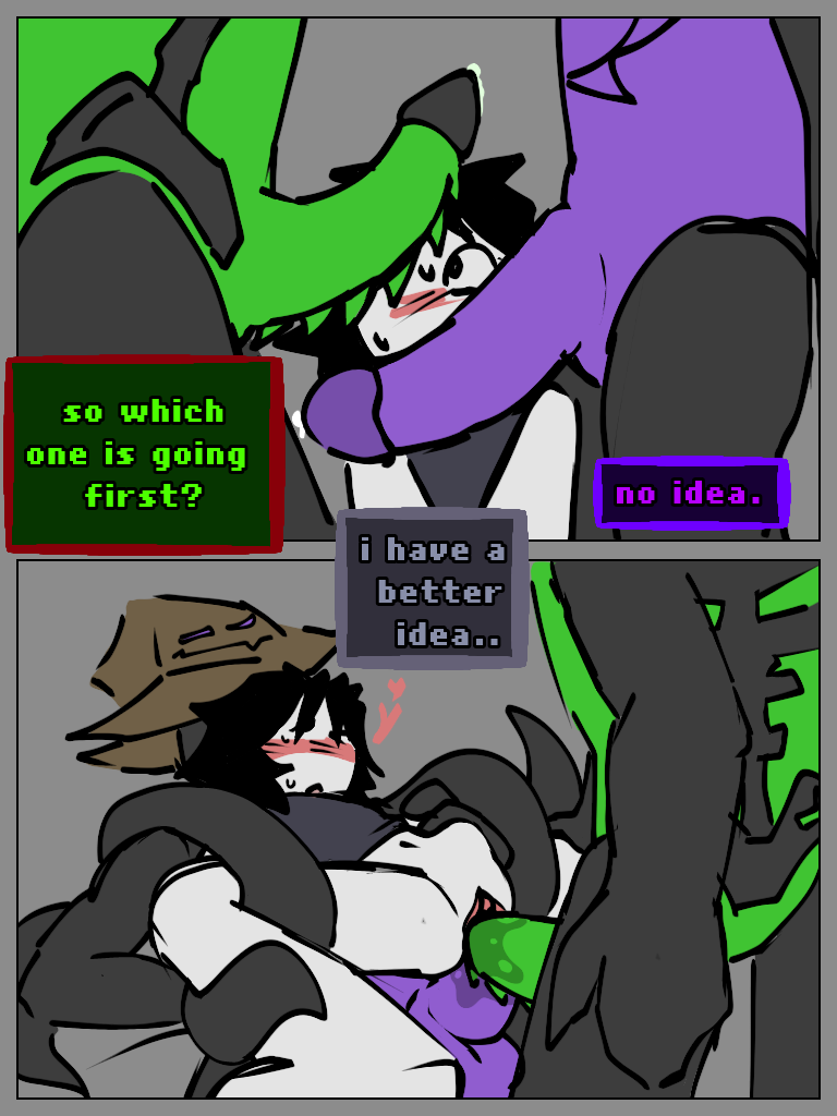 1other 1x1x1x1 1x1x1x1_(forsaken) 2boys azure_(forsaken) black_hair black_limbs blush detect_(artist) forsaken_(roblox) gangbang green_body legs_apart legs_spread nonbinary nonbinary_(lore) one_sub_two_doms precum purple_body roblox robloxian tentacle tentacle_grab text text_box threesome two_time_(forsaken) white_skin