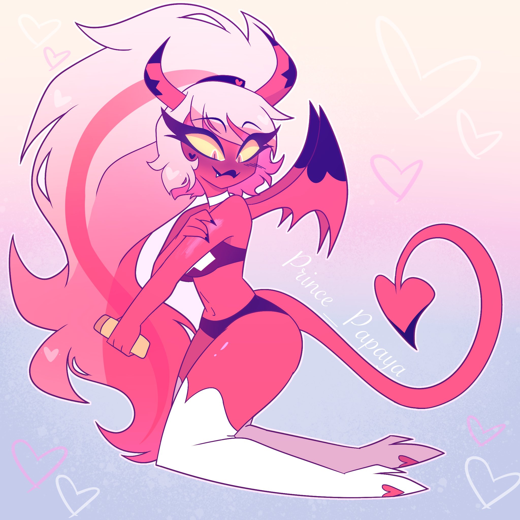 bra, female, hair up, helluva boss, horns, imp, knee boots, panties, ponytail, prince papaya, tagme, tall boots, verosika mayday (helluva boss), white hair, wings, wings on back