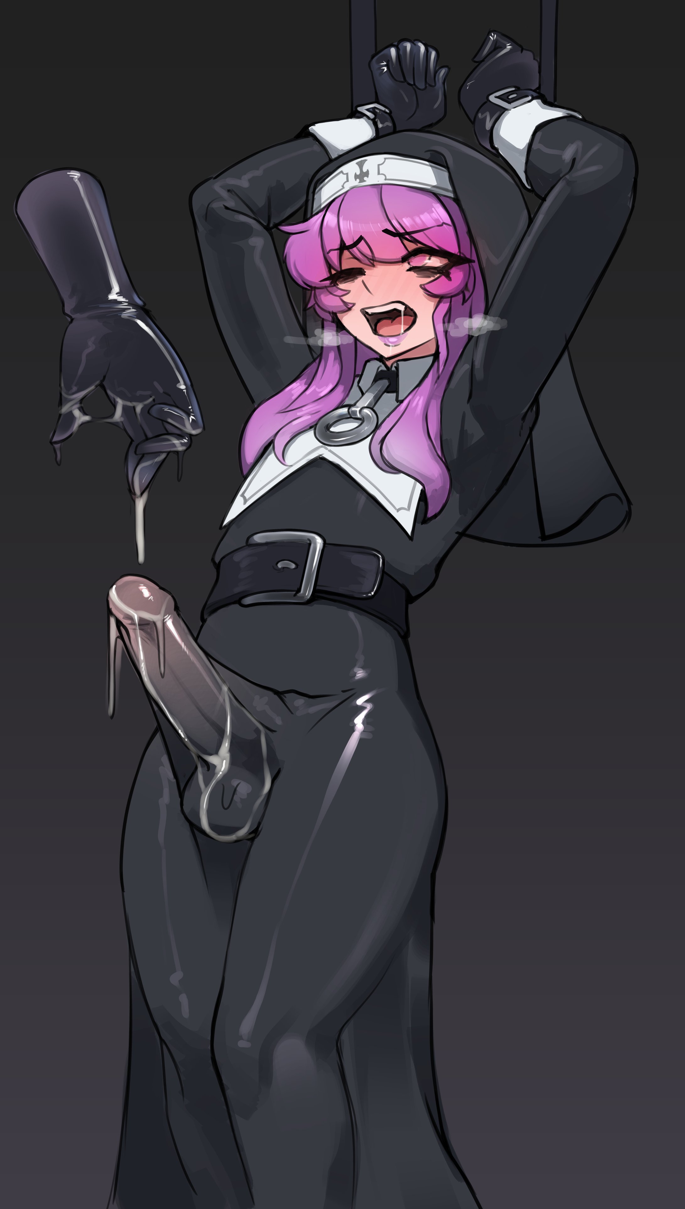 1boy, big penis, crossdressing, crossdressing male, cumming, disembodied hand, erect penis, erection, erection under clothes, femboy, gloves, hard on, large penis, light skin, light-skinned male, lipstick, male, male focus, male nun, moaning, nun, nun (nunsafeforwork), nun hat, nun outfit, nun's habit, nunsafeforwork, oral, penis, purple hair, purple lipstick, thighs, tight clothing, trap, twink