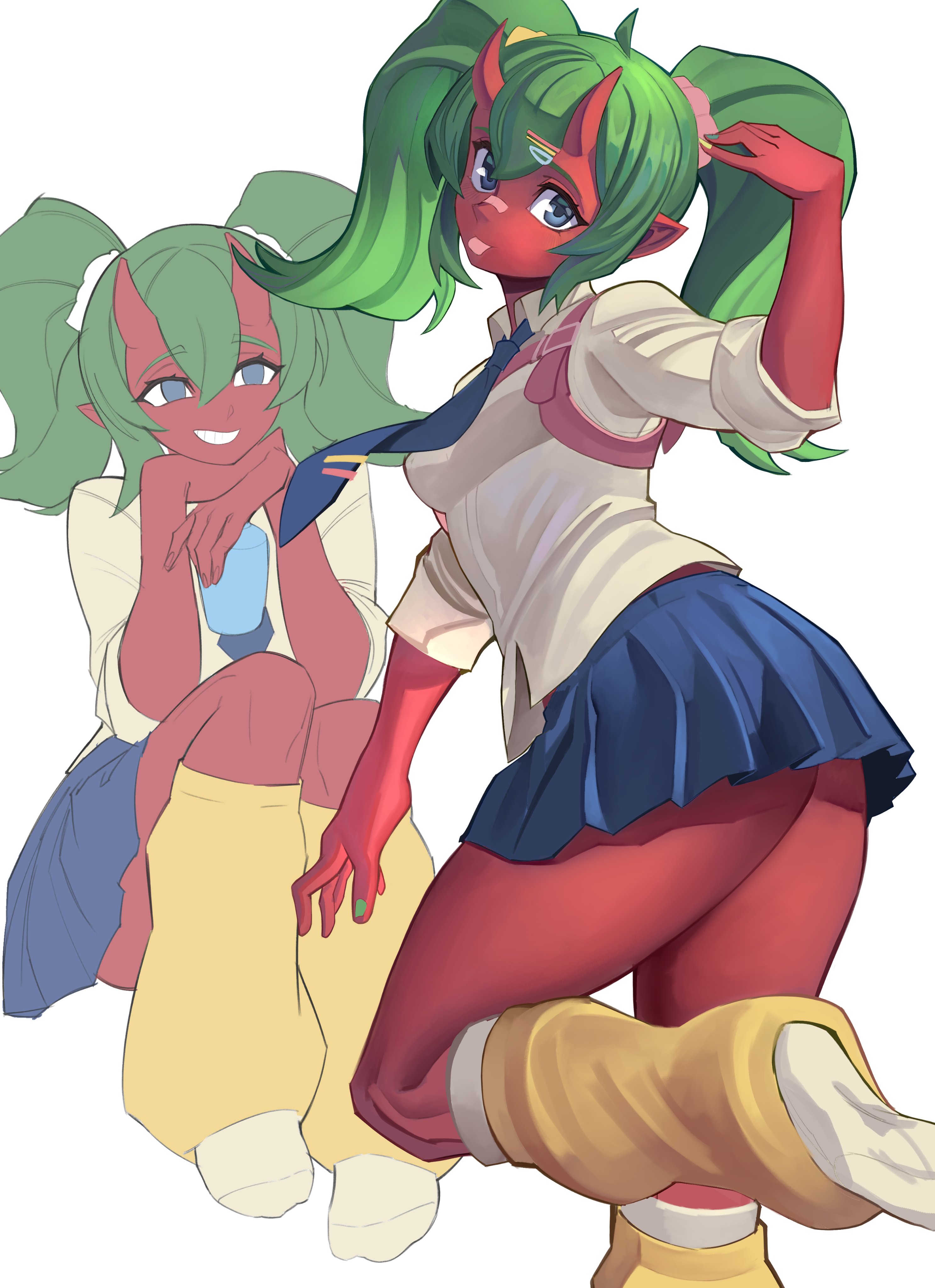 ass, back view, big ass, big butt, clothing, curvaceous, curvaceous female, curvaceous figure, curvy, curvy figure, curvy hips, demon, demon girl, epic games, exnezo, female, female focus, female only, fortnite, fortnite: battle royale, green hair, looking at viewer, nemia (fortnite), school uniform, short hair, uniform