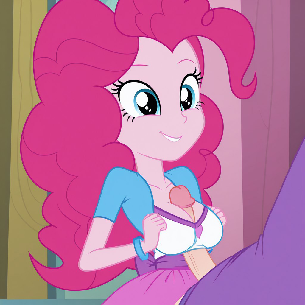 accurate_art_style ai_generated blue_eyes breasts clothed clothed_paizuri equestria_girls female my_little_pony paizuri penis_between_breasts pink_hair pink_skin pinkie_pie_(eg) pinkie_pie_(mlp)