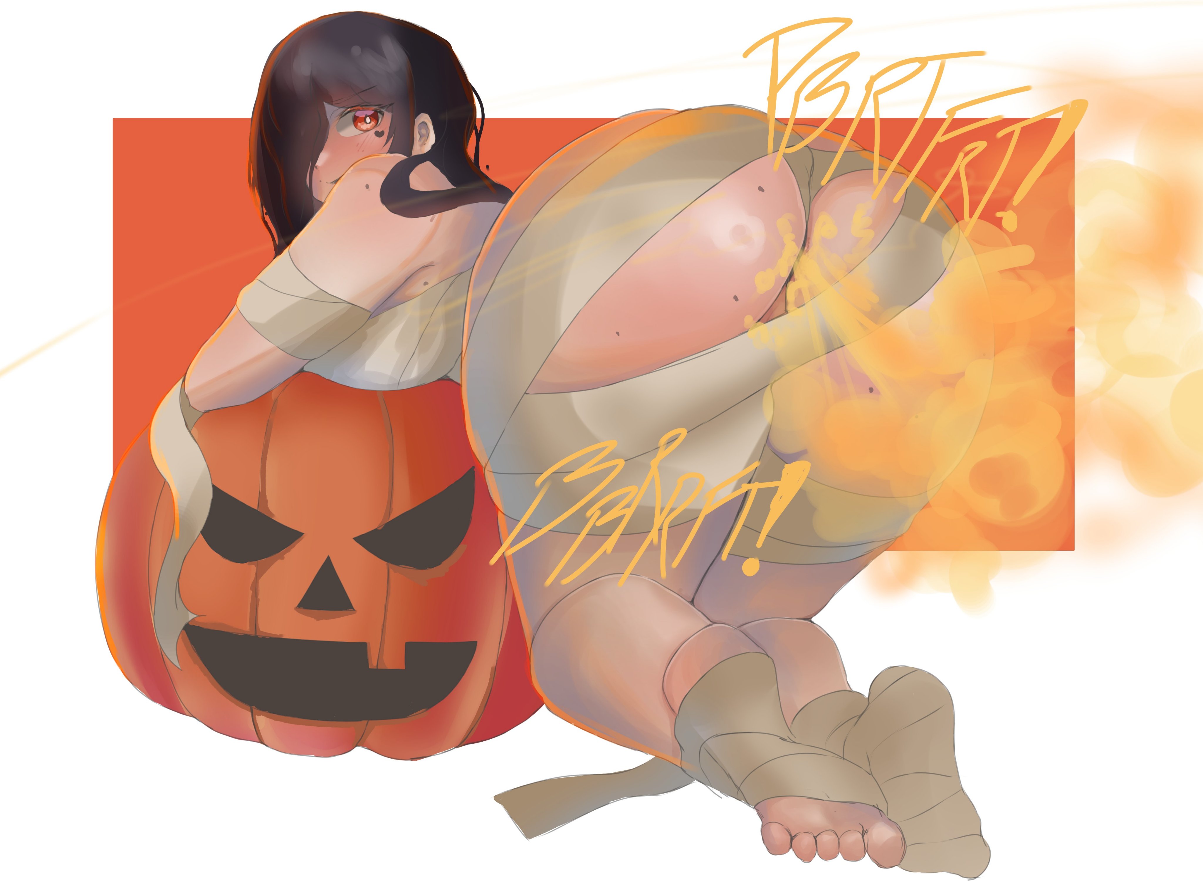 1girls, ass, big ass, black hair, black lipstick, blush, bubble ass, bubble butt, fart, fart cloud, fart fetish, farting, fat ass, female, halloween, heart symbol, huge ass, jack-o'-lantern, looking back, melonarts (character), melonarts2 (artist), mole, moles, red eyes, self insert, simple background, smile, wrappings