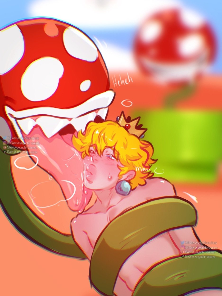 blonde hair, earrings, femboy, licking, licking face, male, mario (series), monster, naked male, piranha plant, prince apricot, princess peach, restrained, rule 63, sevvydraws, sharp teeth, short hair