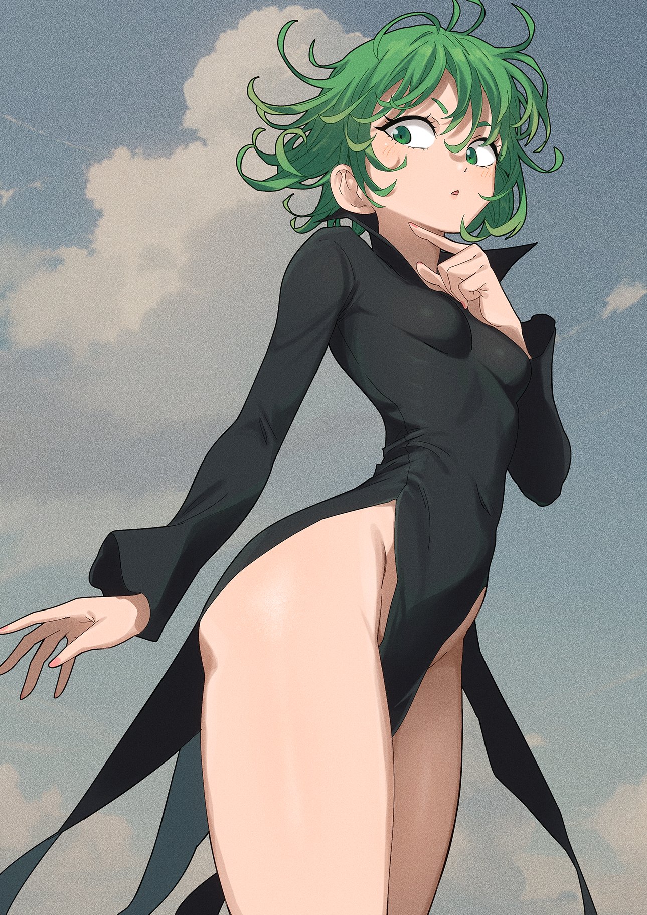 1girls, black dress, breasts, cloud, colorized, dress, female, gaston18, green eyes, green hair, green-haired female, groin, highres, long sleeves, looking to the side, murata yuusuke, no panties, one-punch man, open mouth, outdoors, skin tight, sky, small breasts, solo, tatsumaki, thighs, wavy hair
