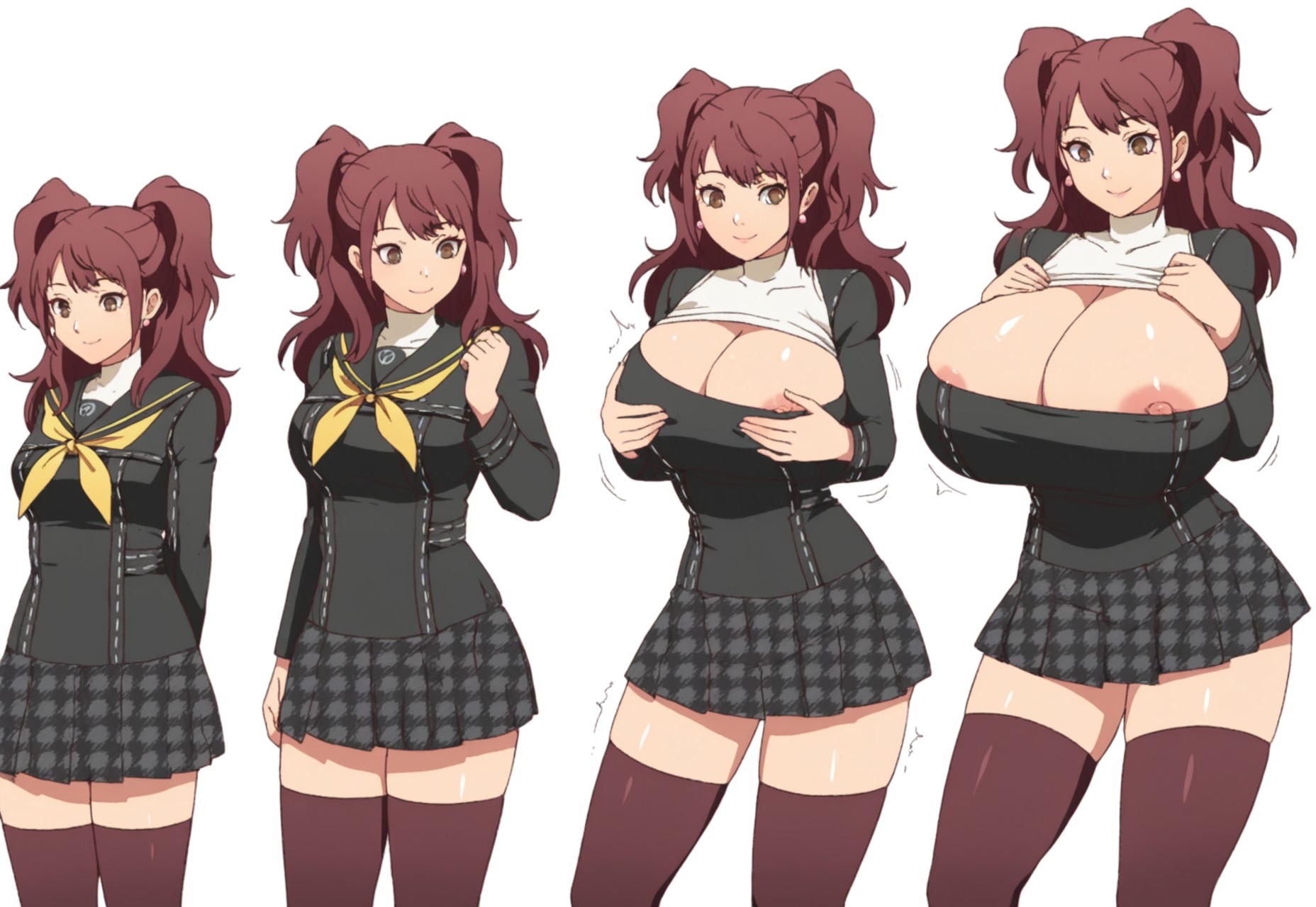 age progression, ai assisted, ai generated, anime, anime style, ass expansion, atlus, before and after, breast expansion, breast growth, breast growth (enlargement), breasts, brown eyes, brown hair, busty female, clothing, detailed, detailed background, earrings, expansion, female, front view, growth, growth sequence, happy, height growth, height increase, hero, heroine, high resolution, huge breasts, kujikawa rise, large breasts, megami tensei, nipple slip, nipples, open mouth, parted lips, persona, persona 4, persona 4 the golden, sequence, shin megami tensei, skin tight, skintight, solo, solo focus, teeth, thighhighs, thighs, thunder thighs, thunderthighs, transformation, twintails, zettai ryouiki