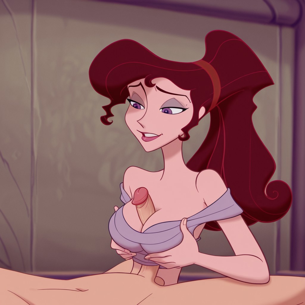 accurate art style, ai generated, breasts, civitai, clothed, disney, female, hercules (disney), male, megara, paizumaster69, paizuri, paizuri lead by female, penis, penis between breasts, titjob, walt disney animation studios